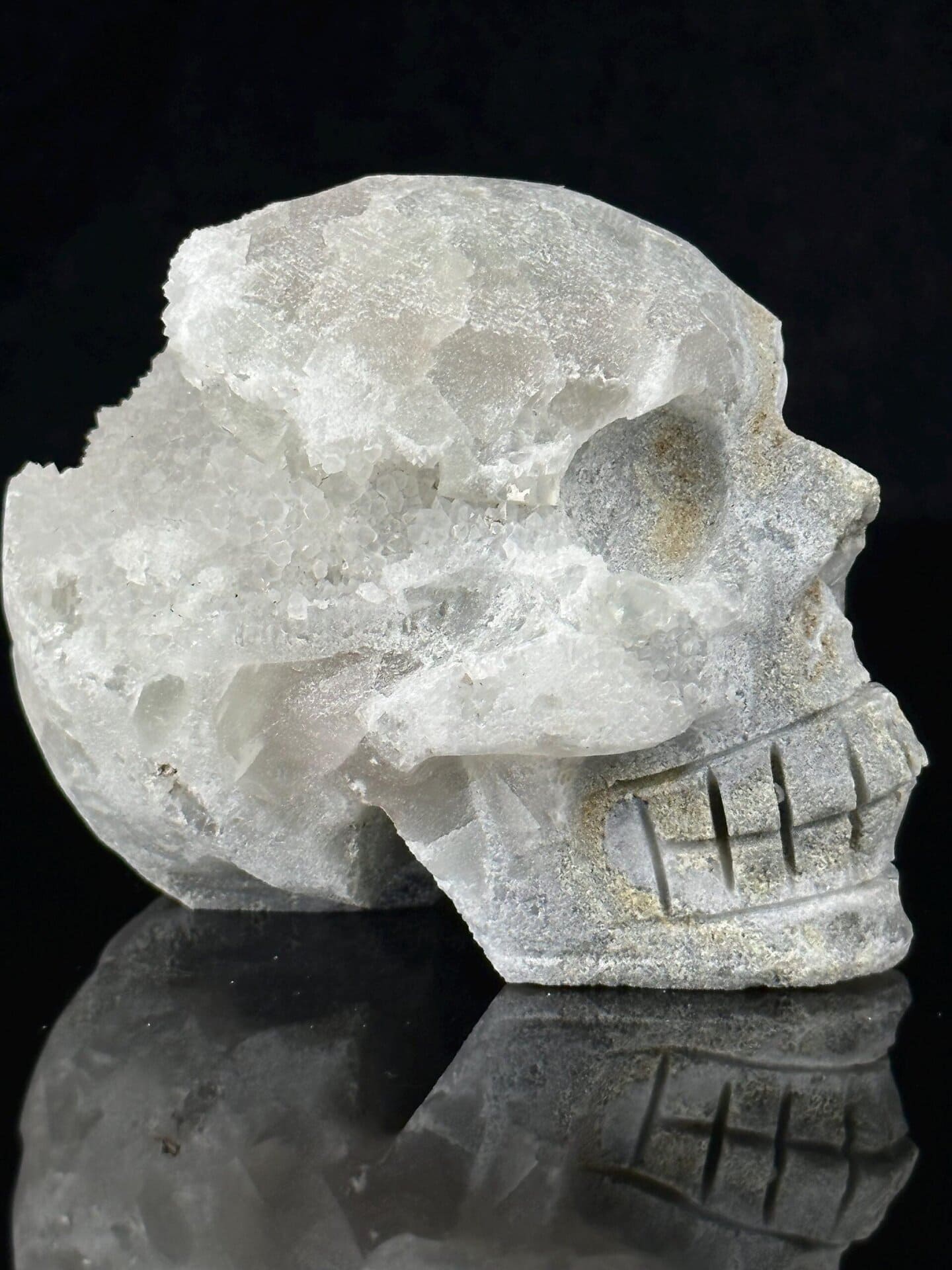 Angled view of fluorite skull showing geode and fluorite combination
