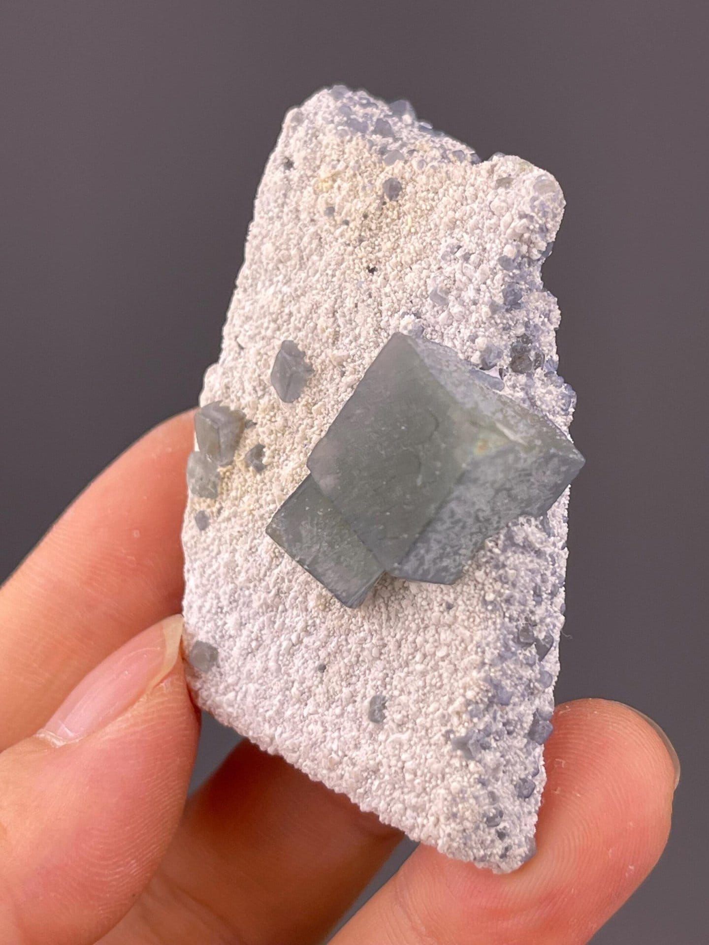 Detail of cubic fluorite habit and Morandi green colour