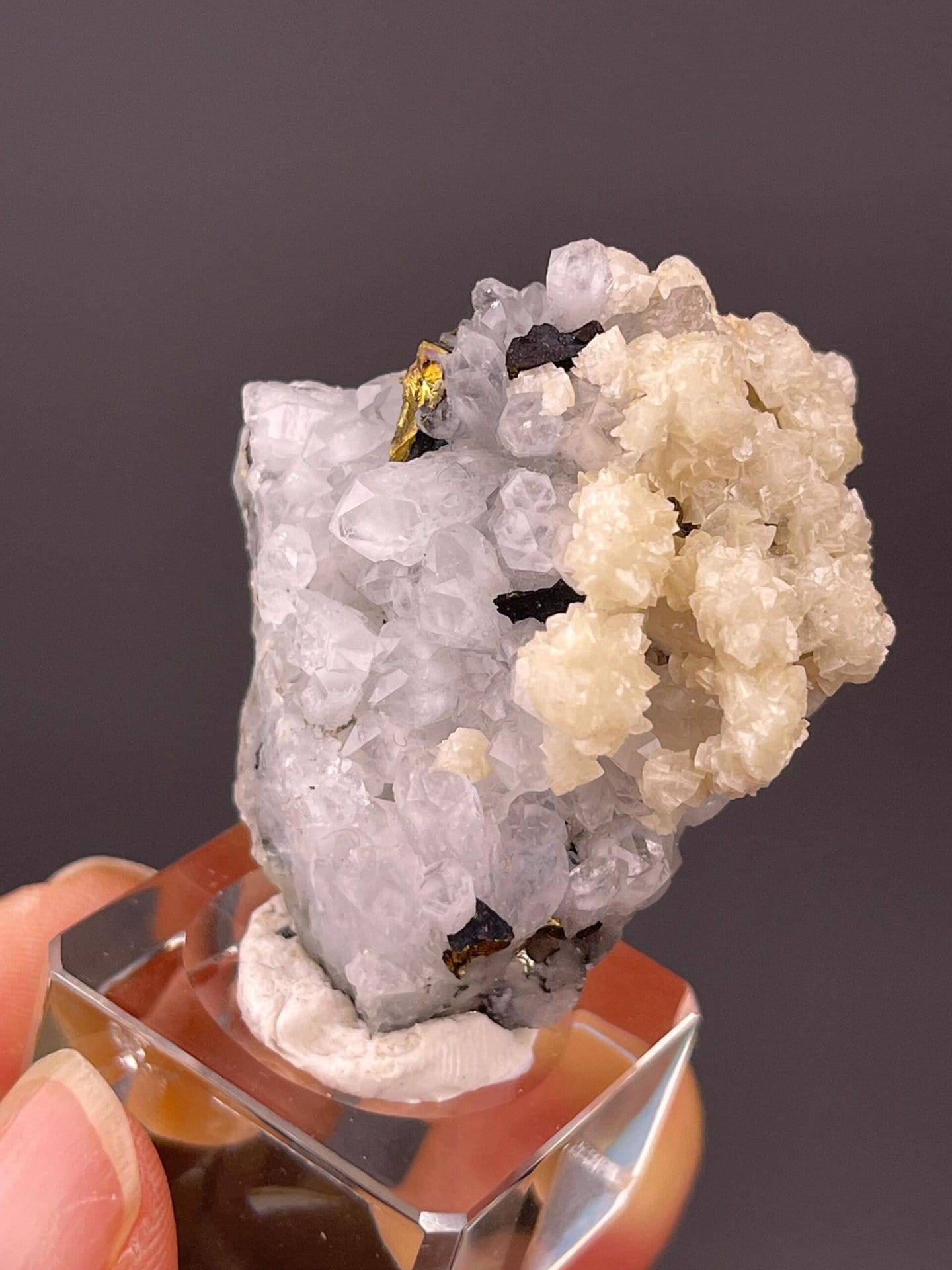 Quartz with calcite and chalcopyrite accents, China