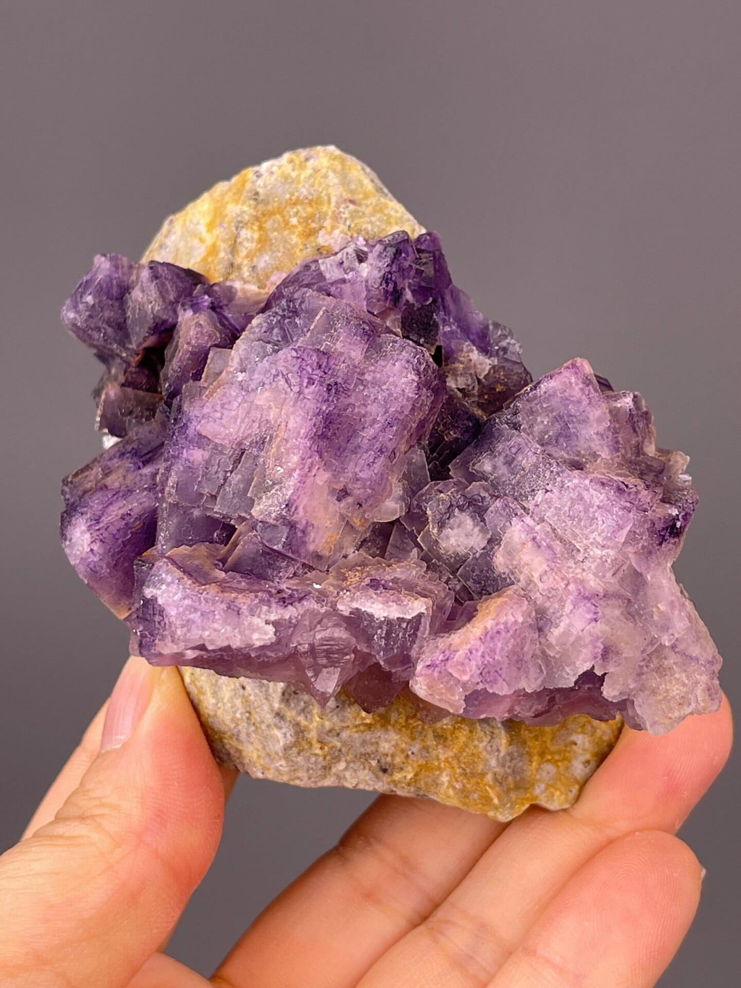 Side view of purple fluorite cluster, 3.3×2.5×1.7 in, Guizhou