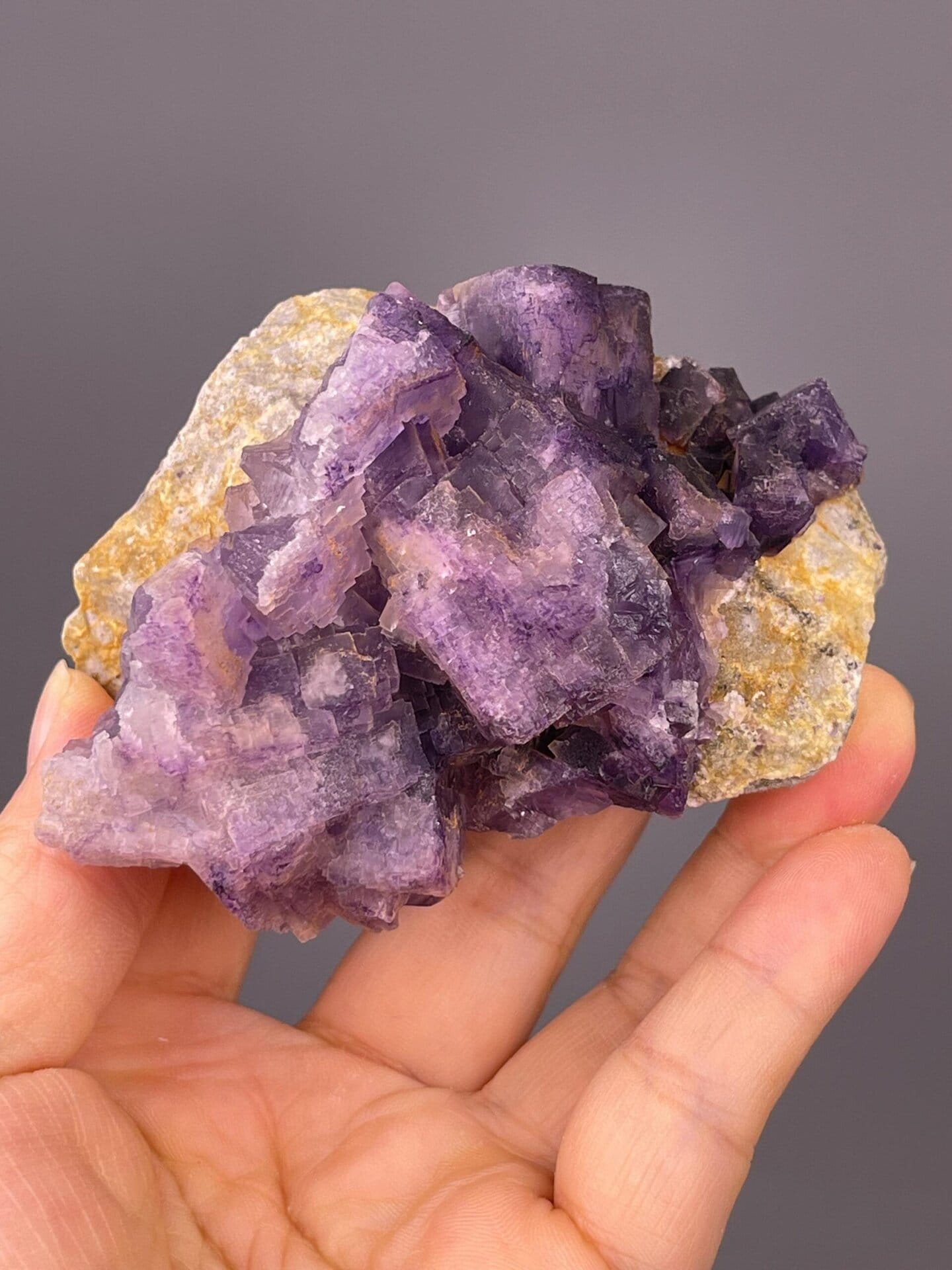 Angled view highlighting etched texture of purple fluorite