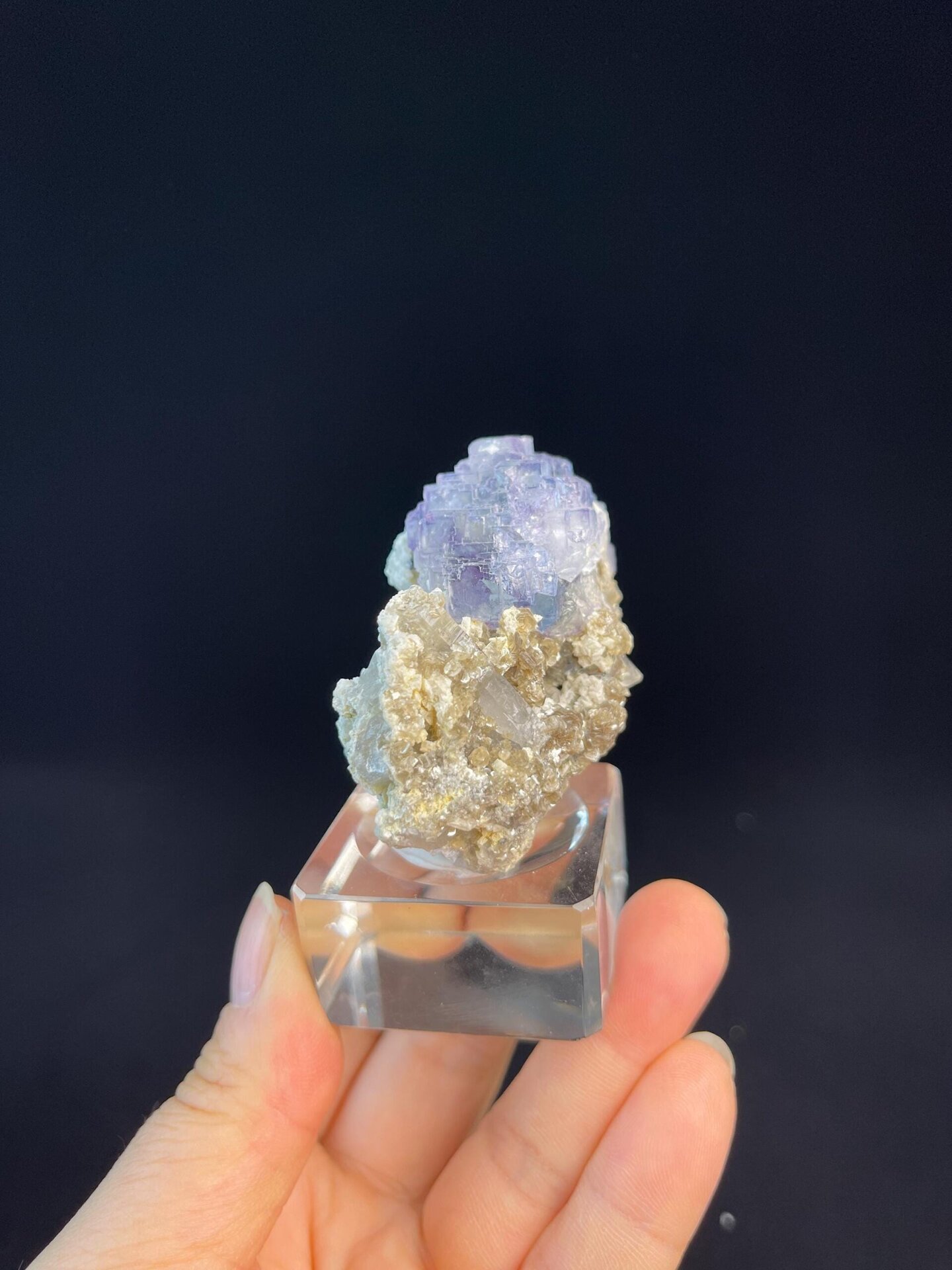 Close-up of staircase-like layered fluorite cubic steps