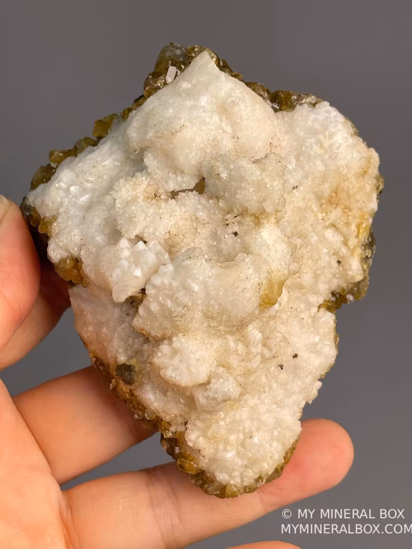 Close-up of golden barite BaSO4 with white calcite, Jiangxi