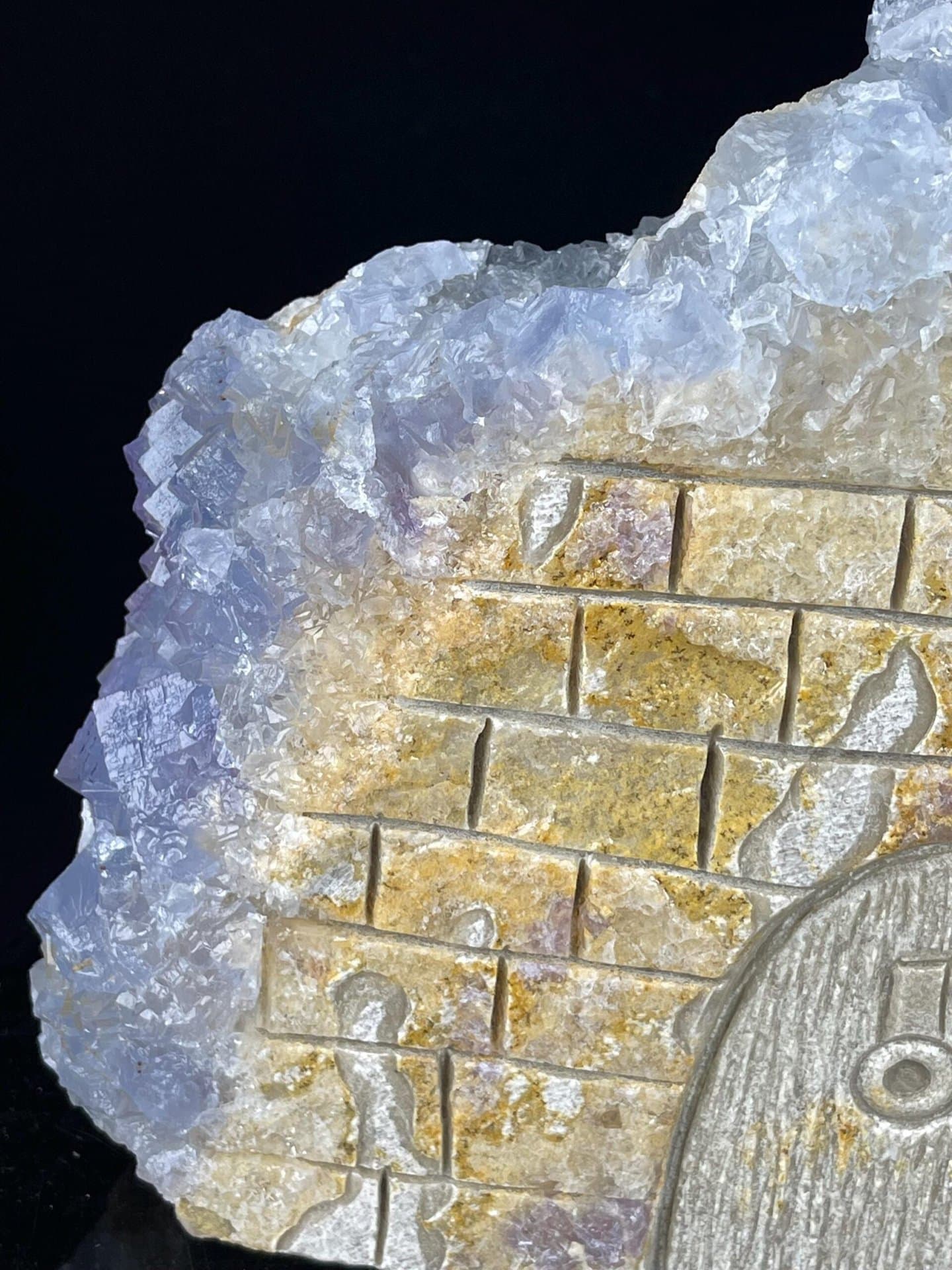 Close-up of blue calcite house with gold calcite accents