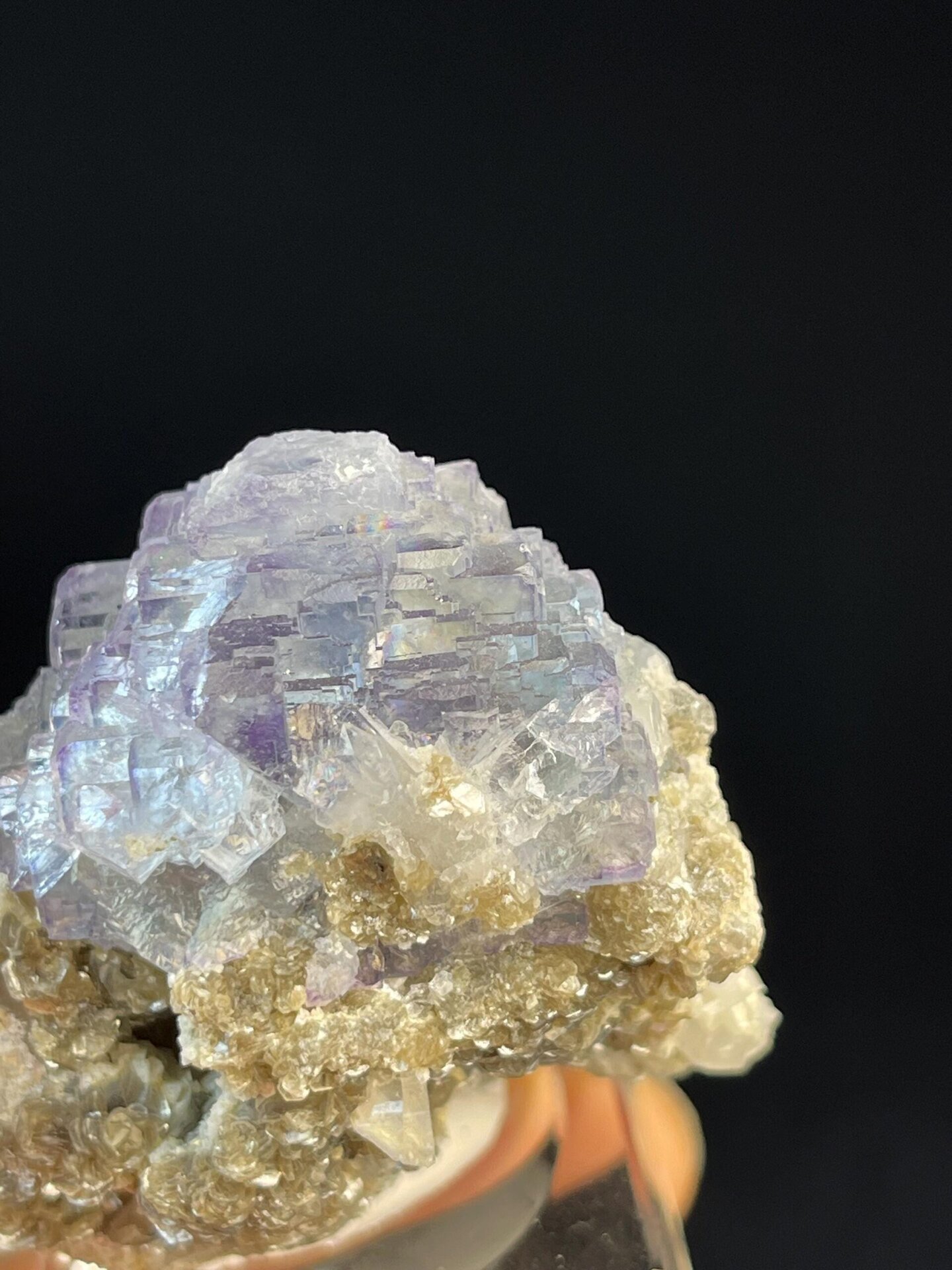 Scale view of 5.8x1.26x2.2 in fluorite staircase cluster
