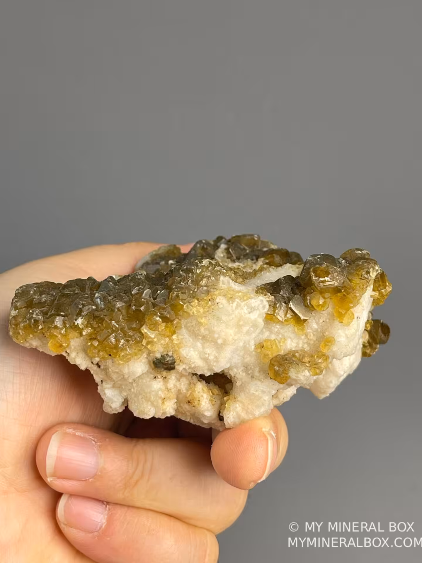 Top view of golden barite with calcite from Jiangxi, China
