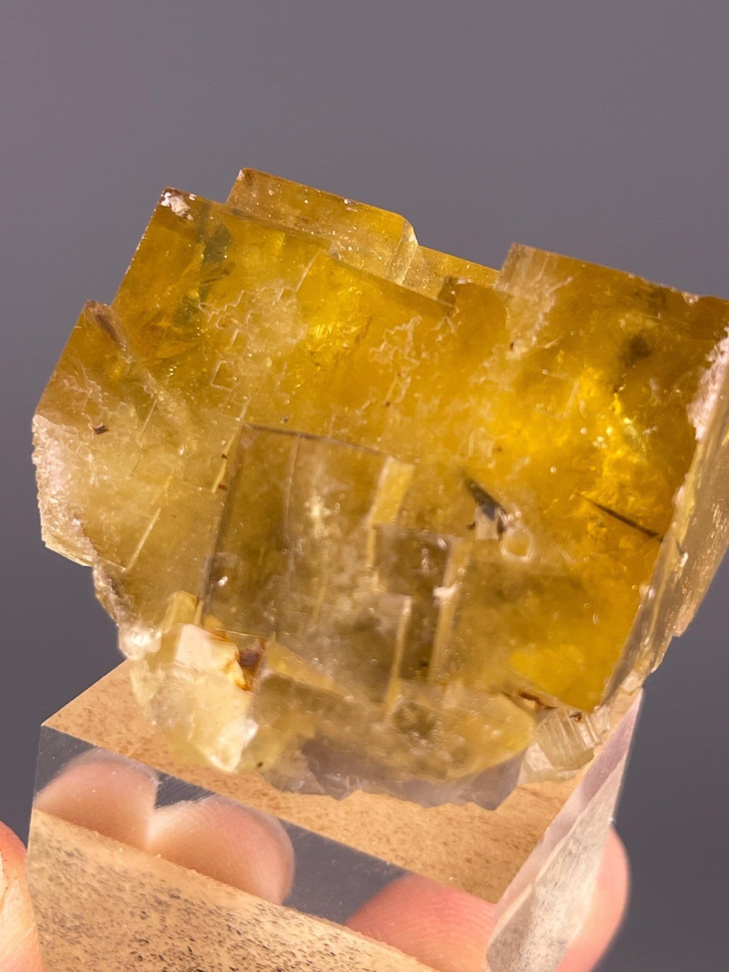 Yellow fluorite twin displaying vitreous luster