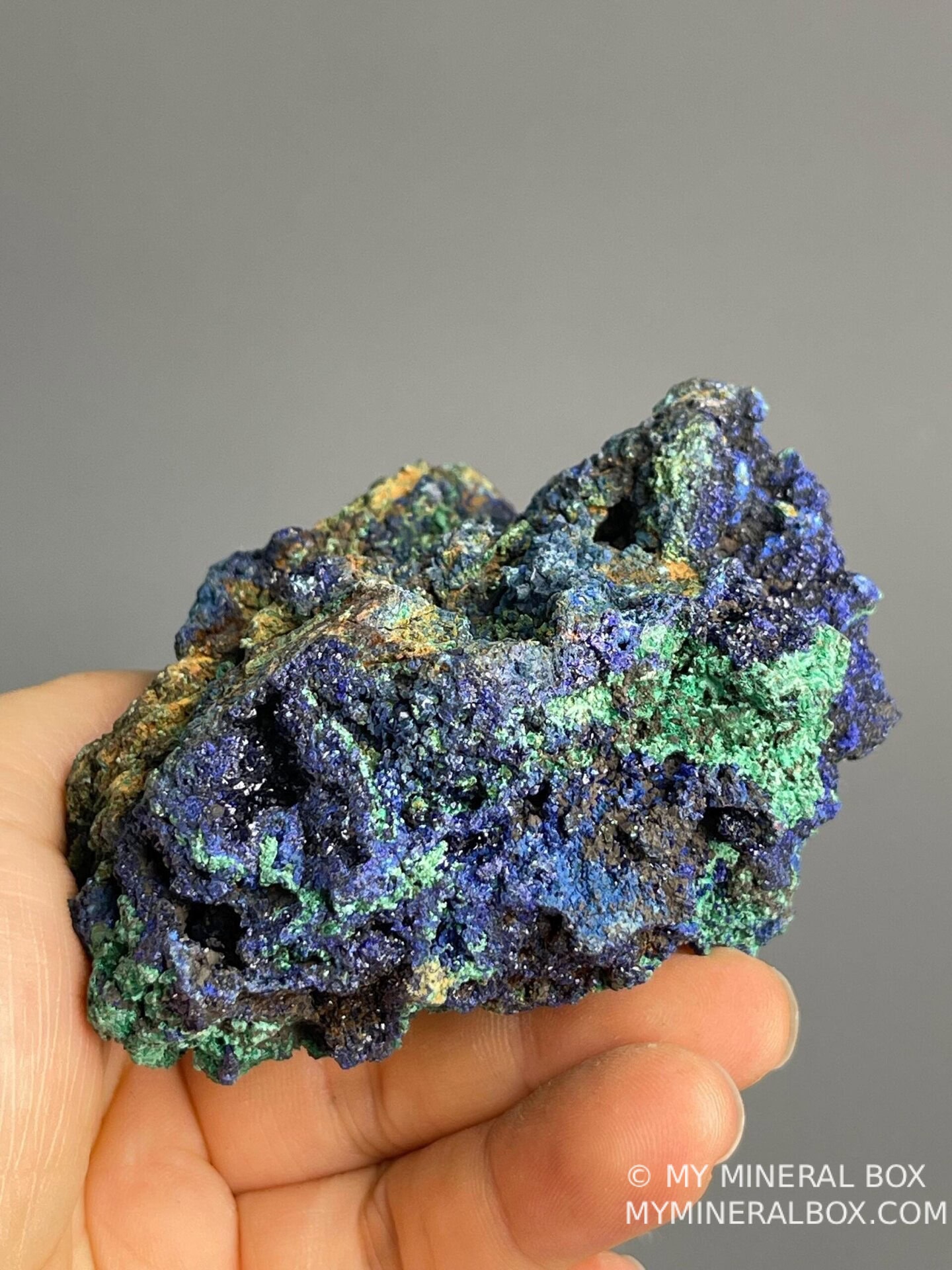 Iridescent blue azurite crystals with green malachite, Morocco
