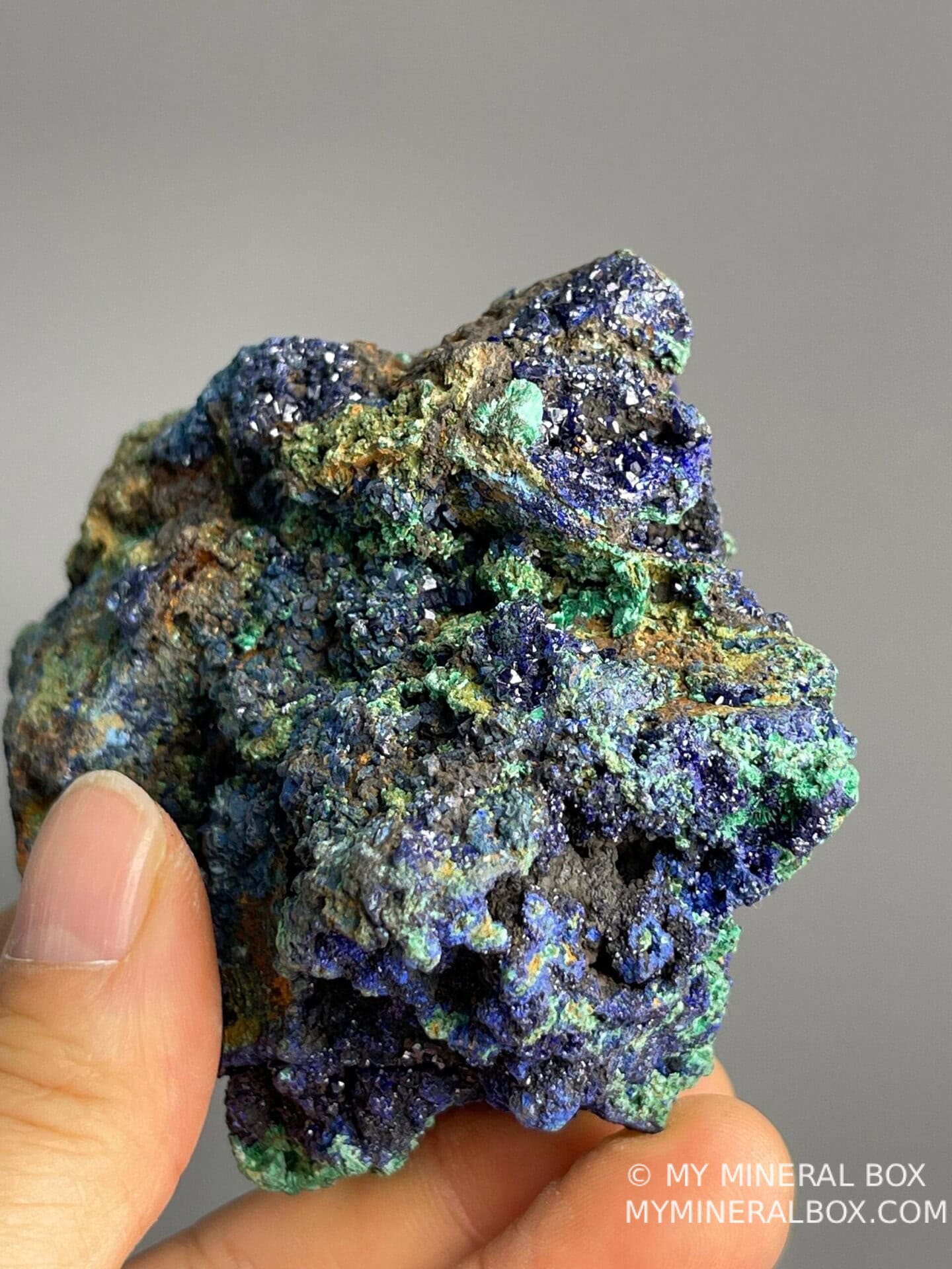 Top view of azurite with malachite from Morocco