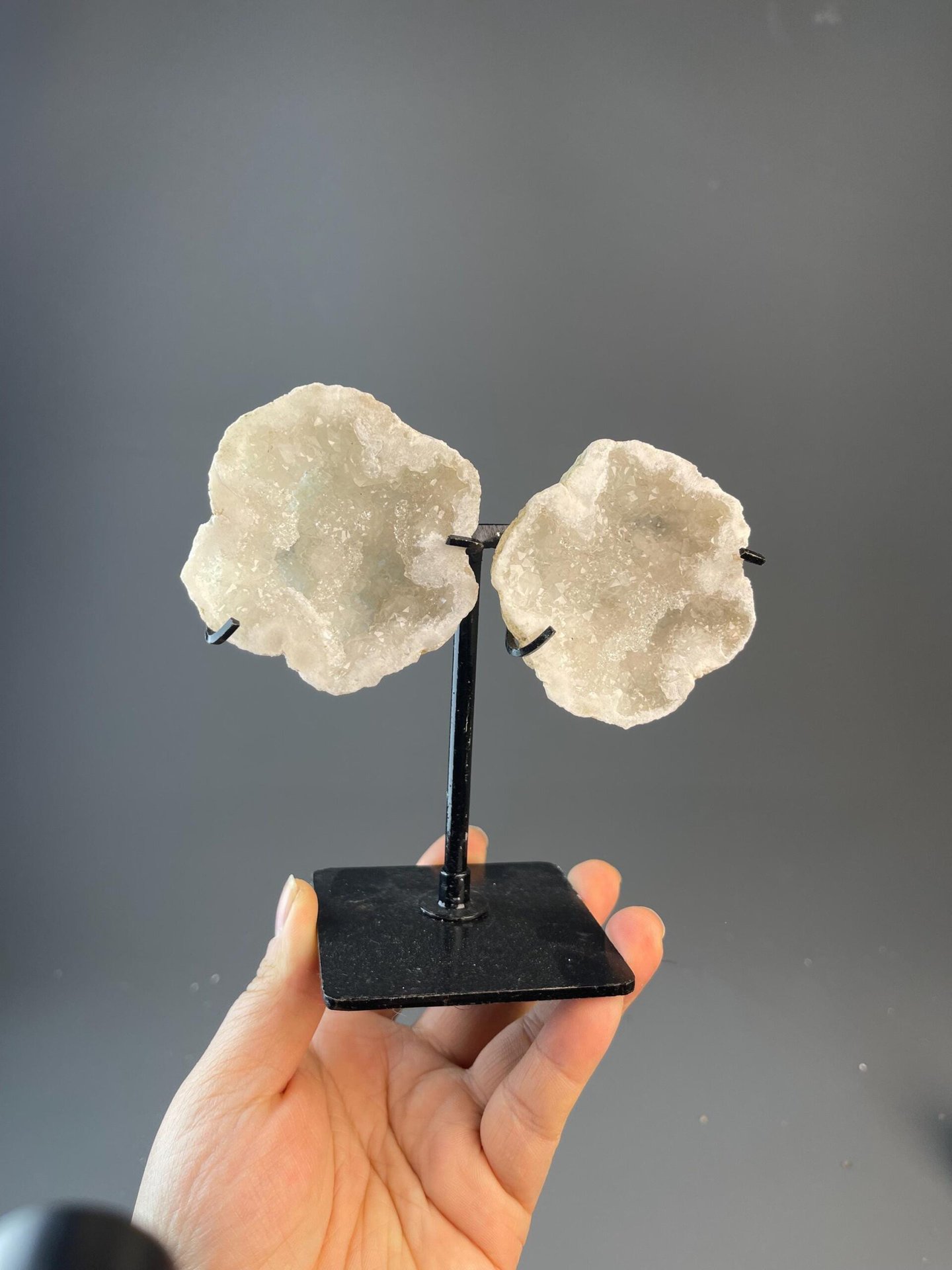 Side view of quartz geode split showing crystal cavity