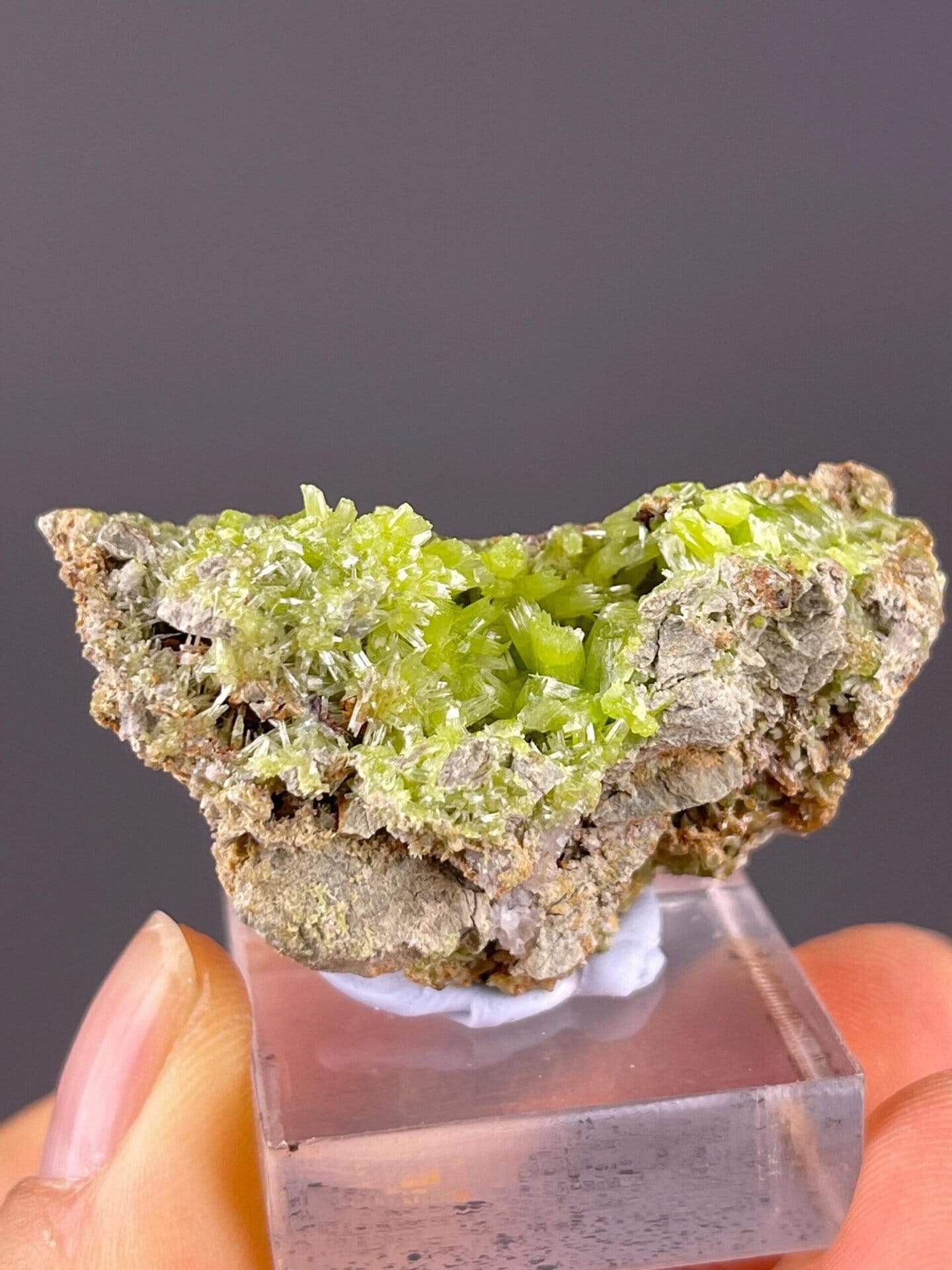 Close-up of lime-green pyromorphite radial crystals