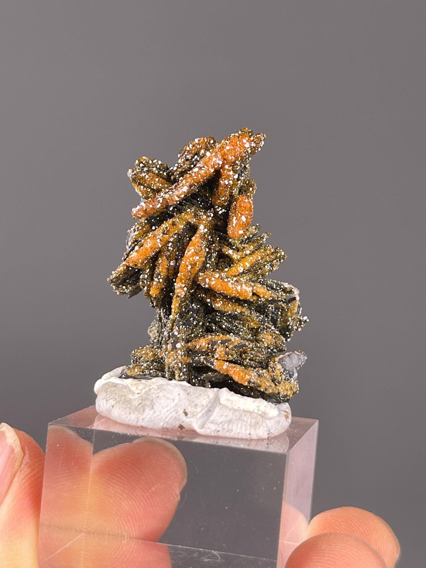 Close-up of red vanadinite hexagonal crystal forms