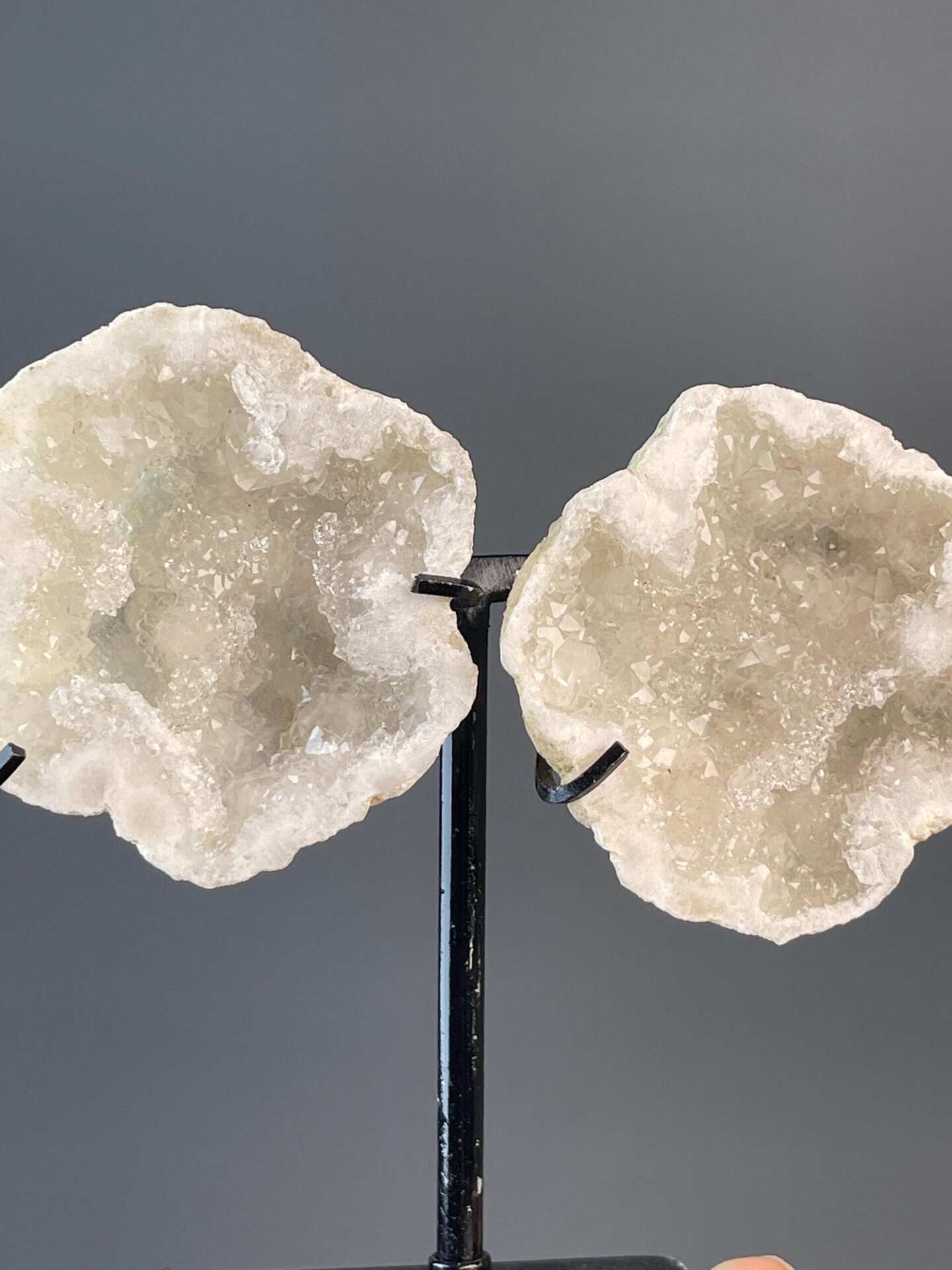 Both halves of quartz geode showing full crystal interior