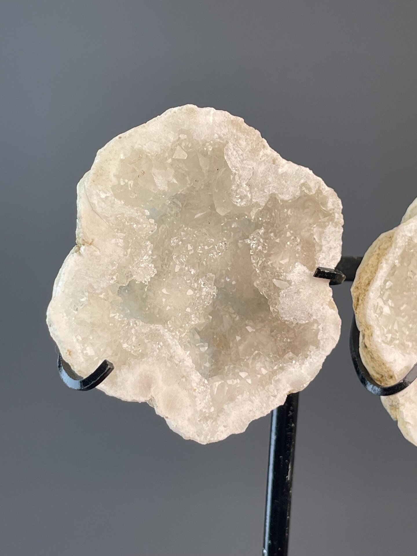 Top view of split quartz geode druzy interior