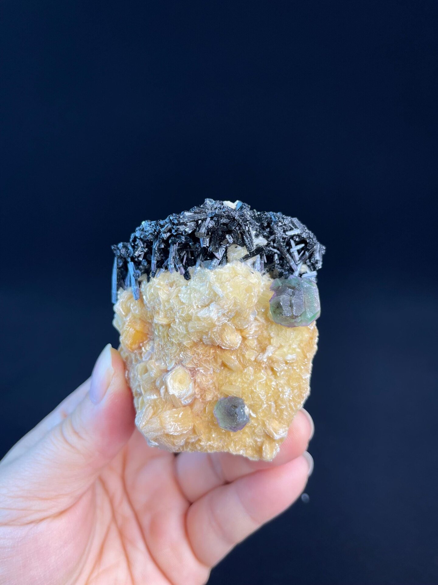 Top view of calcite tourmaline fluorite specimen, Namibia