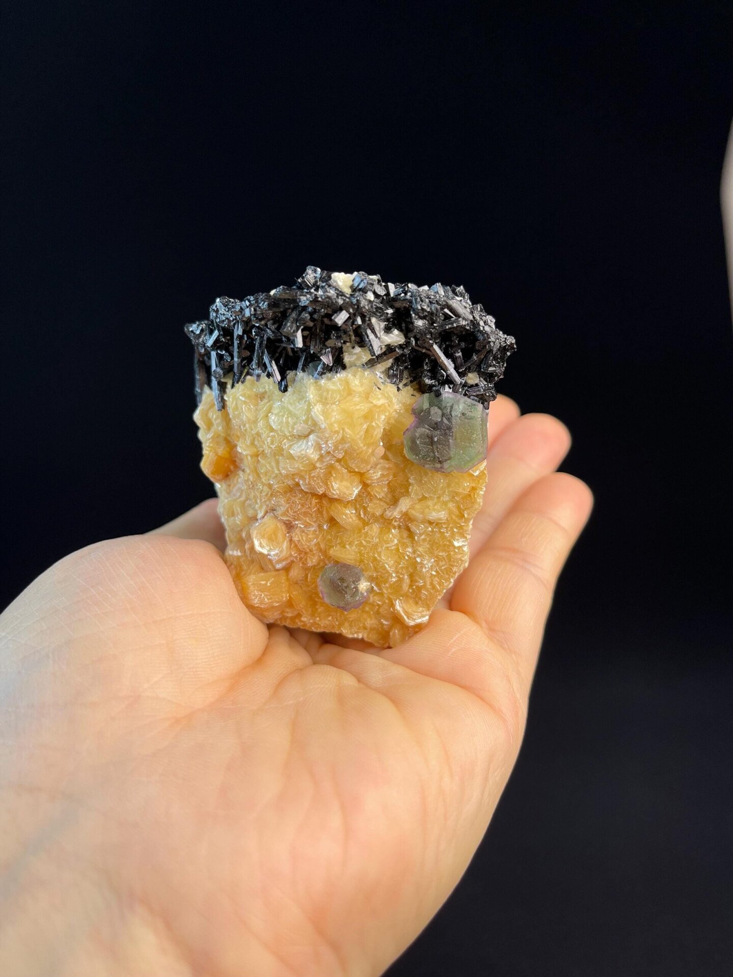 Calcite tourmaline fluorite combination displaying vitreous luster