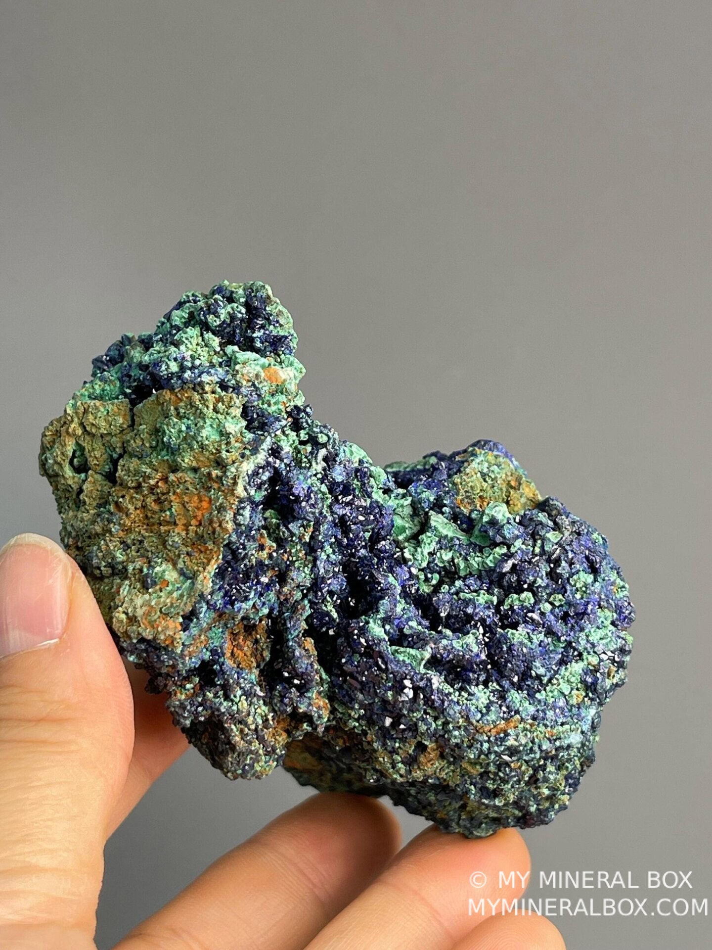 Azurite Cu3CO3OH2 monoclinic with malachite, China