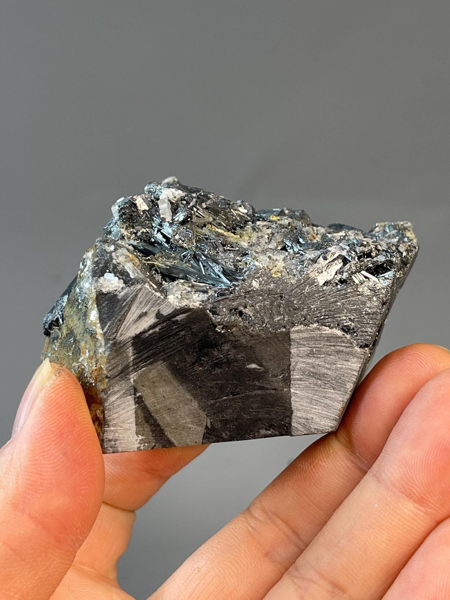 Orthorhombic stibnite bladed crystals on matrix, Hunan