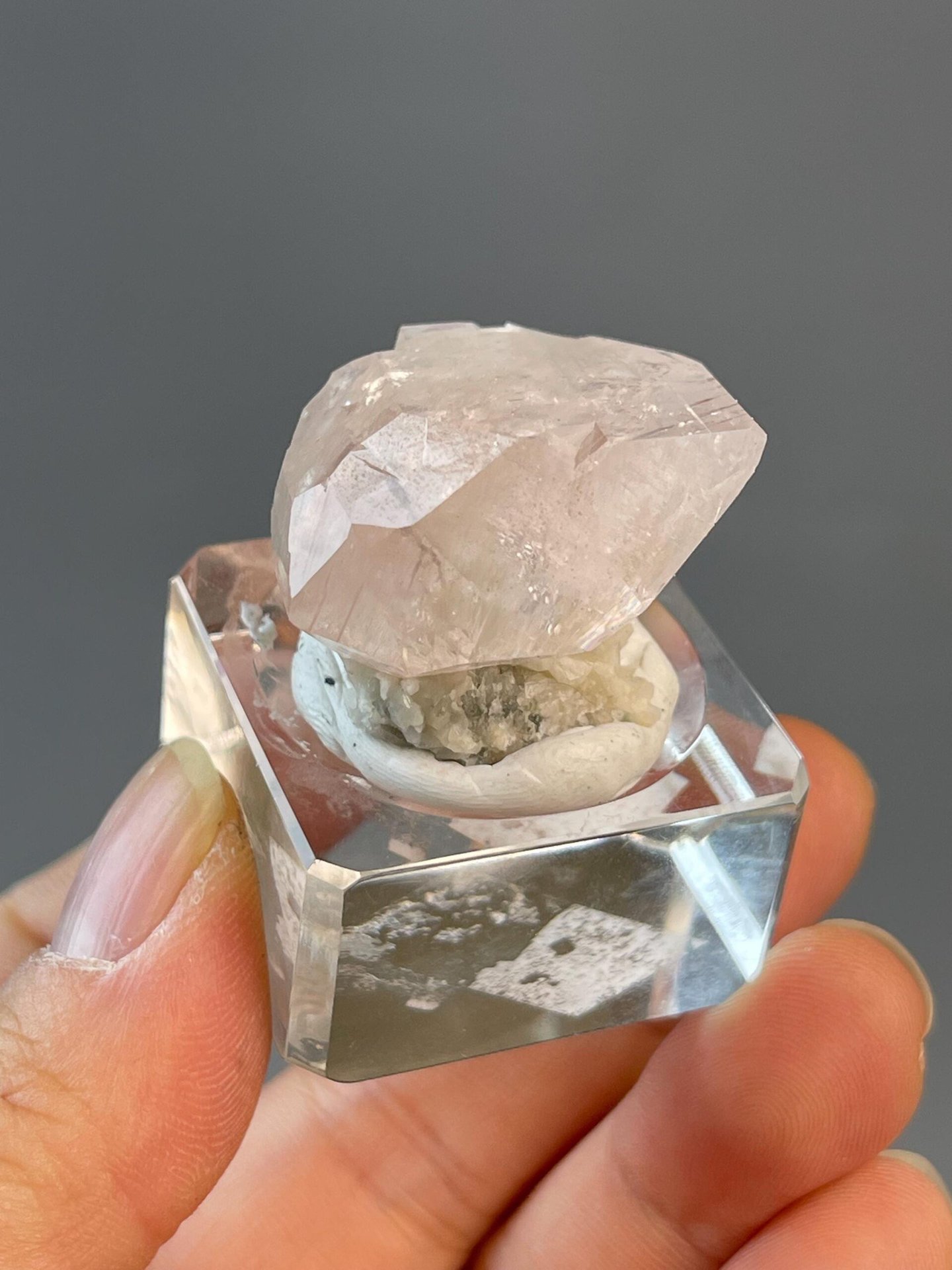 Scale view of 1.5x1.0x1.2 in pink calcite specimen
