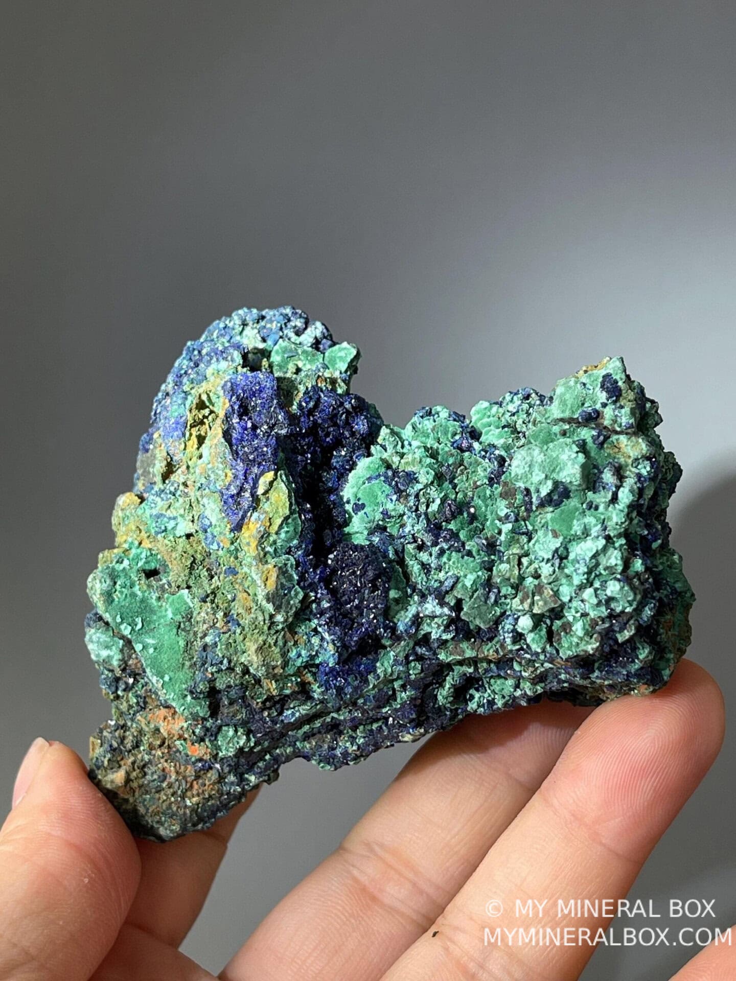 Scale view of 3.22x1.89x1.9 in azurite malachite specimen