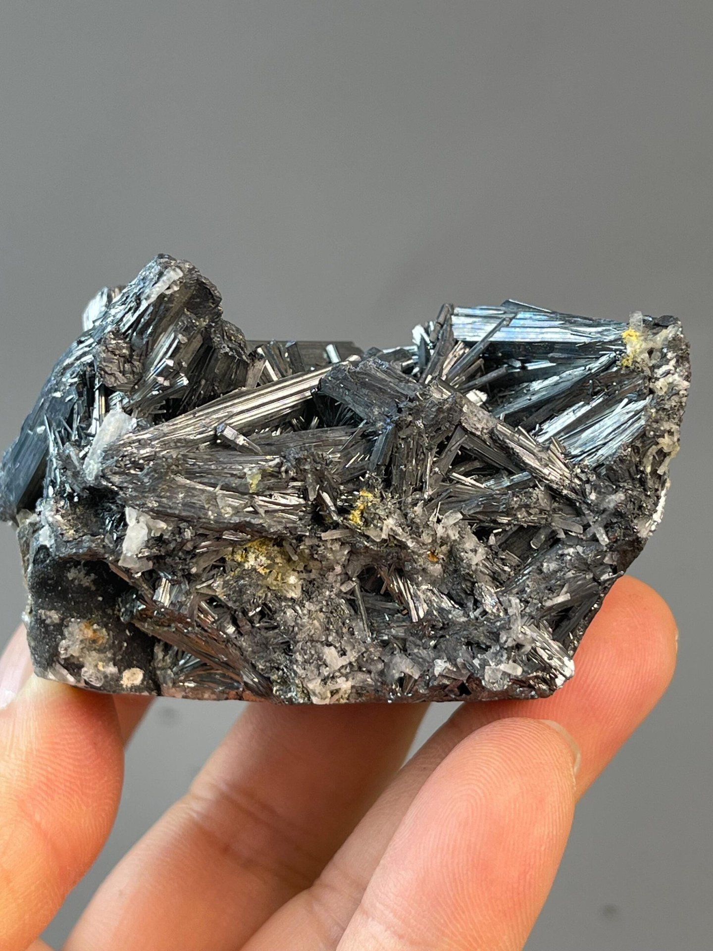 Top view of metallic stibnite crystal cluster, Hunan