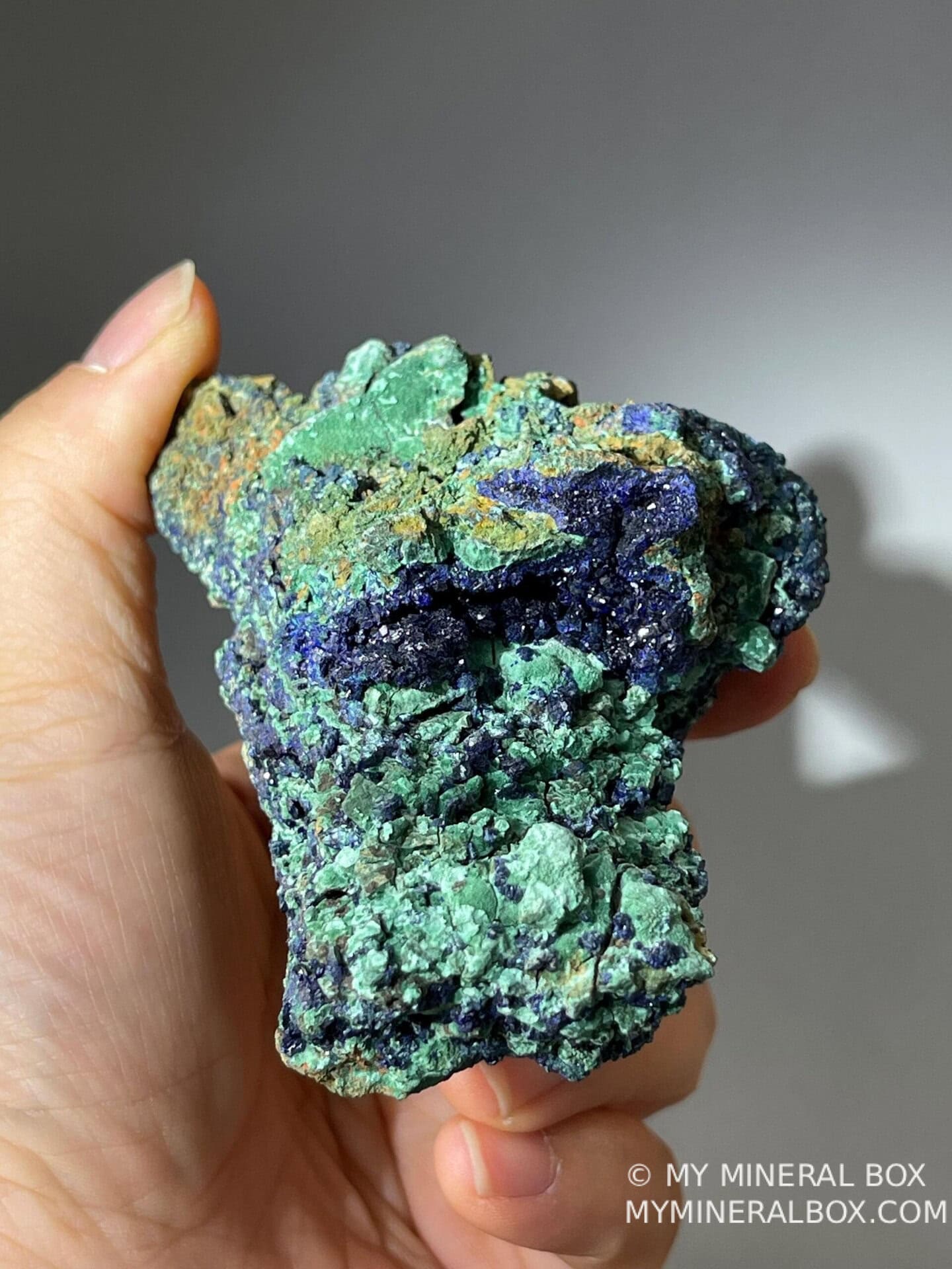 Azurite malachite specimen displaying vitreous silky luster