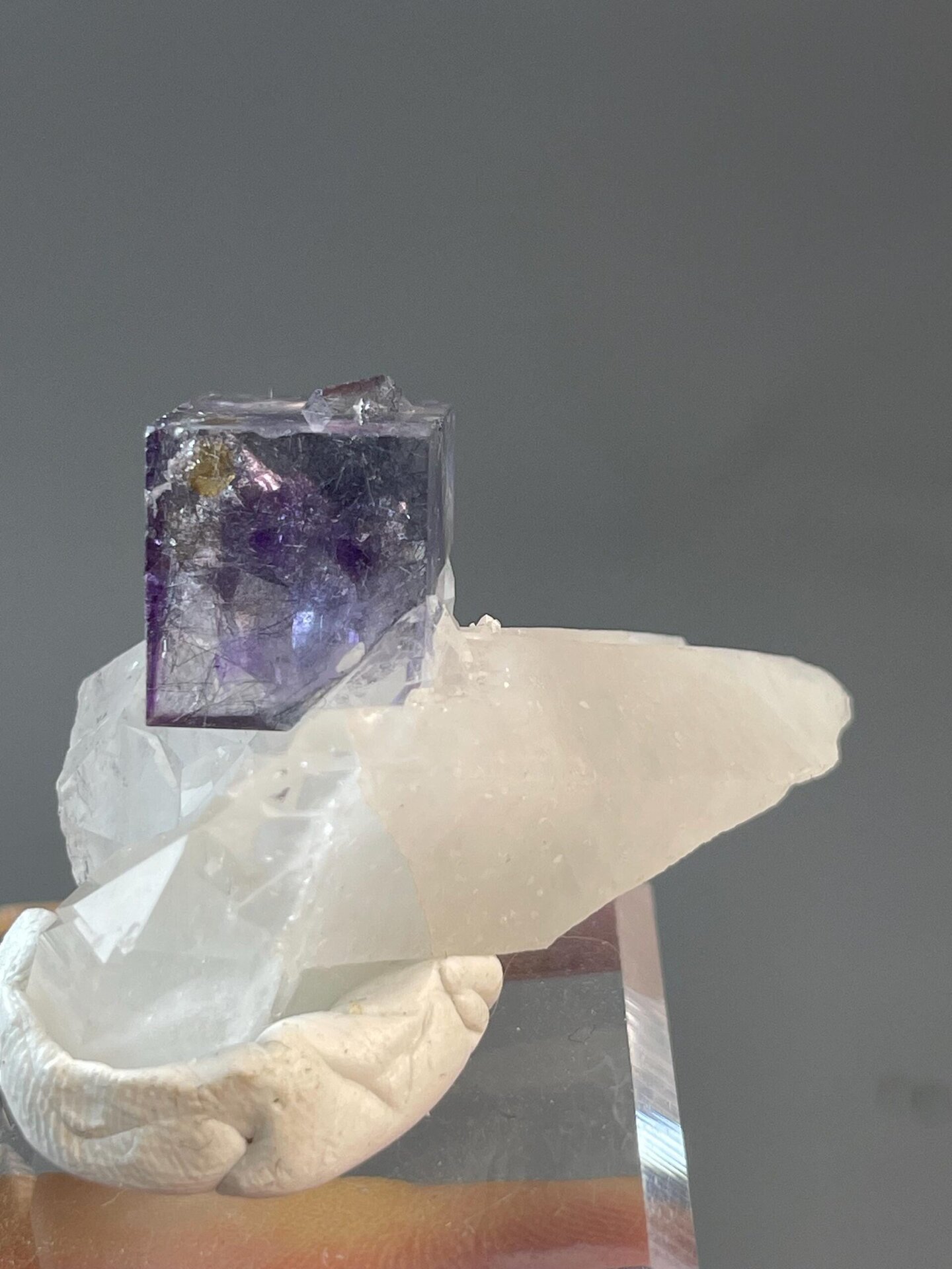 Close-up of purple phantom layers in twin fluorite crystal