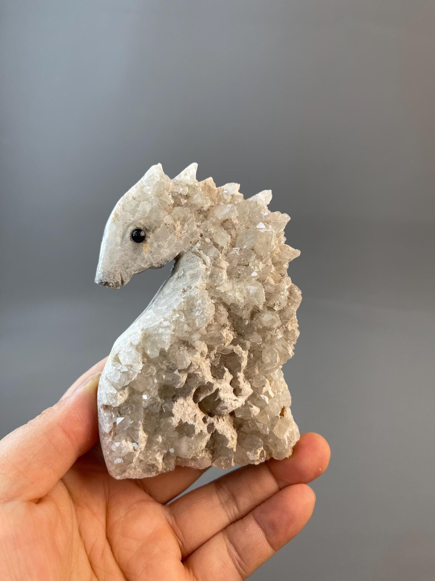 Close-up of detailed quartz seahorse body carving