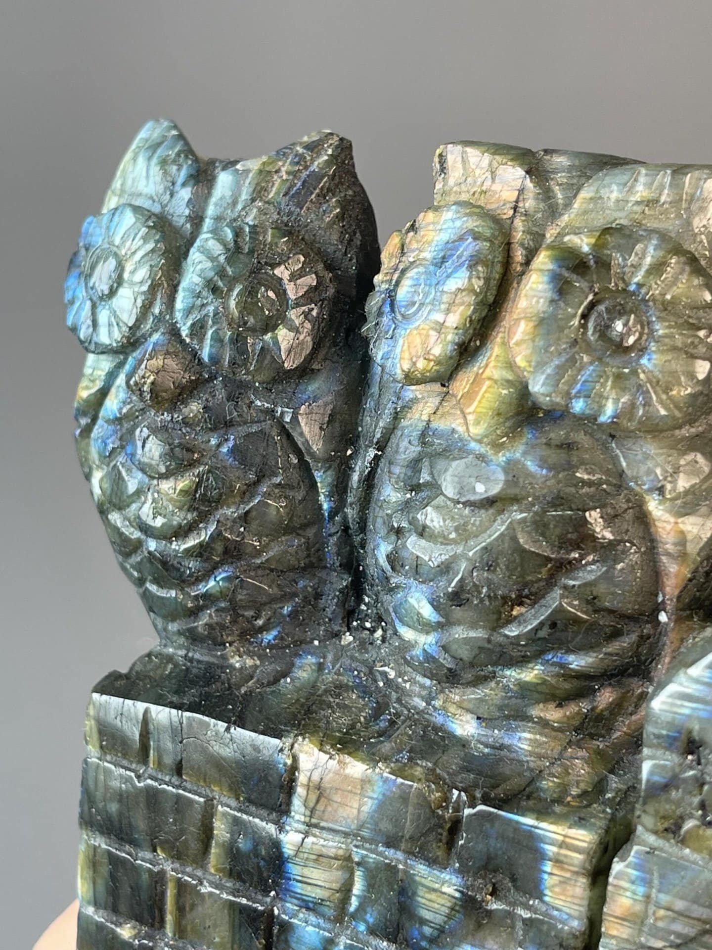 Top view of hand-carved labradorite owl sculpture