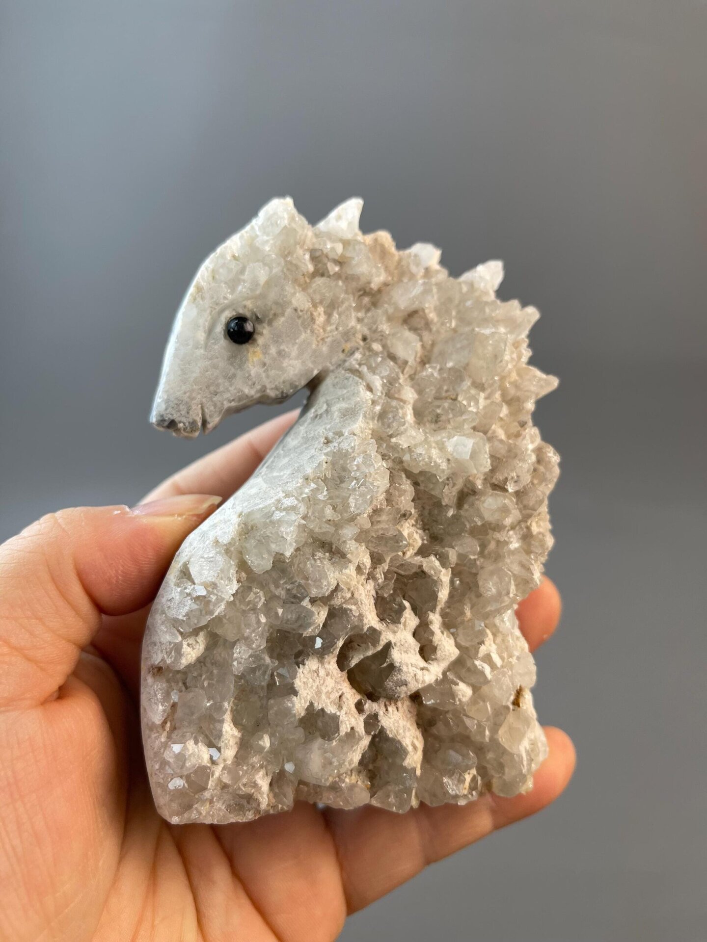 Top view of hand-carved quartz seahorse sculpture