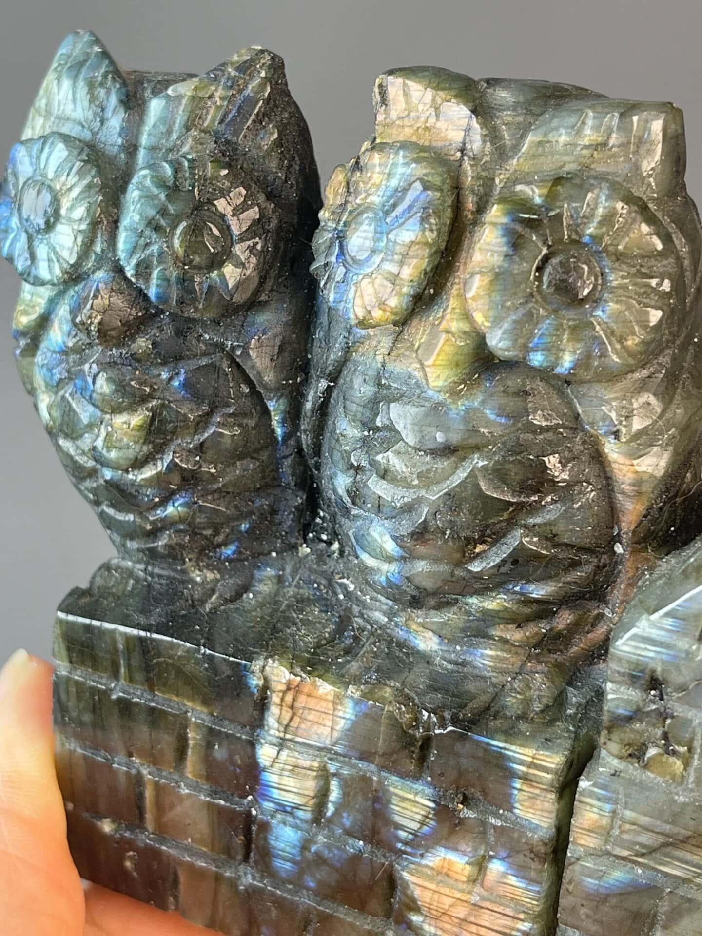 Labradorite feldspar owl sculpture, display mineral carving