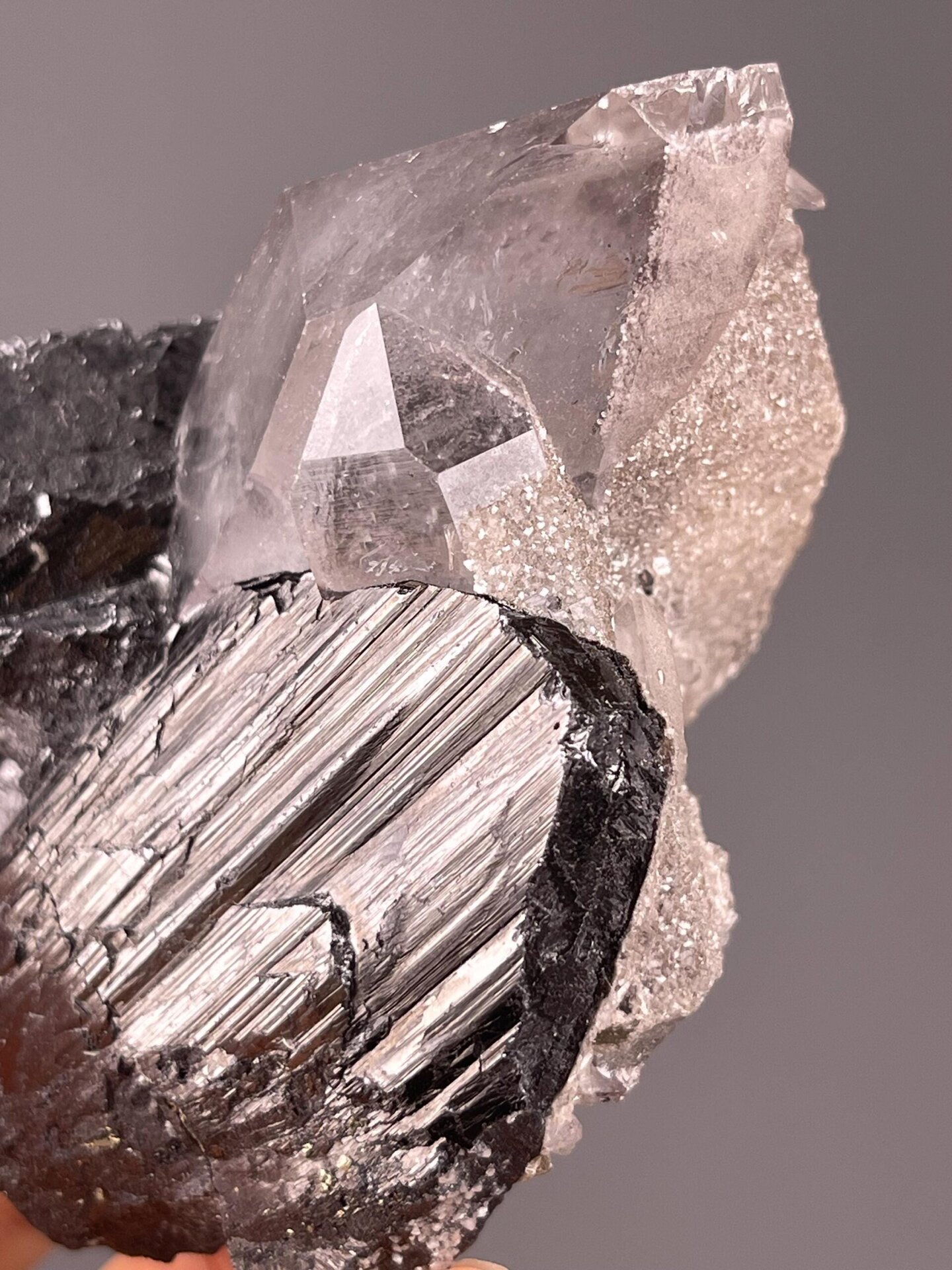 Scale view of 3.0x2.3x2.7 in cassiterite quartz cluster