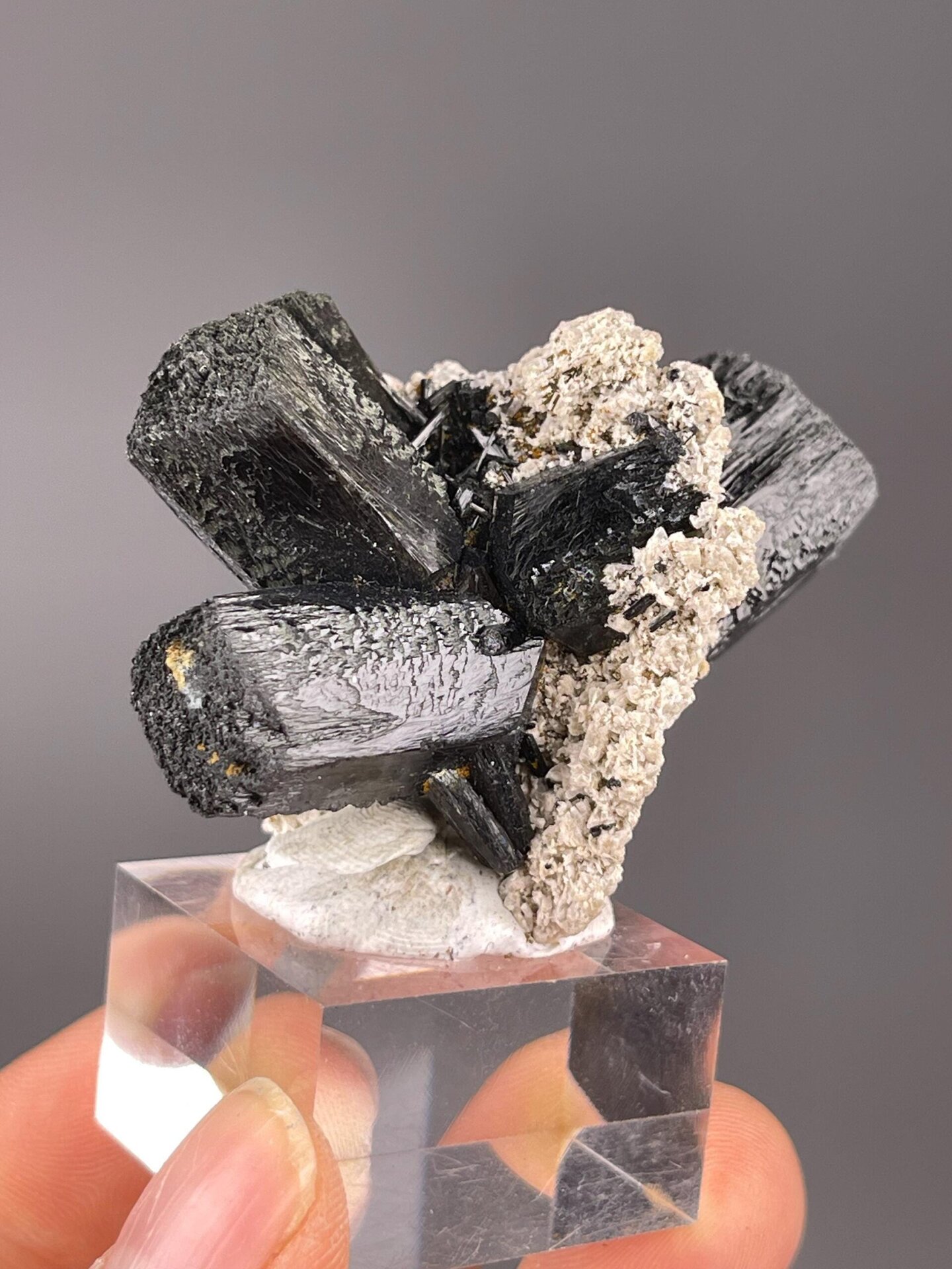 Close-up of striated black tourmaline prismatic crystals