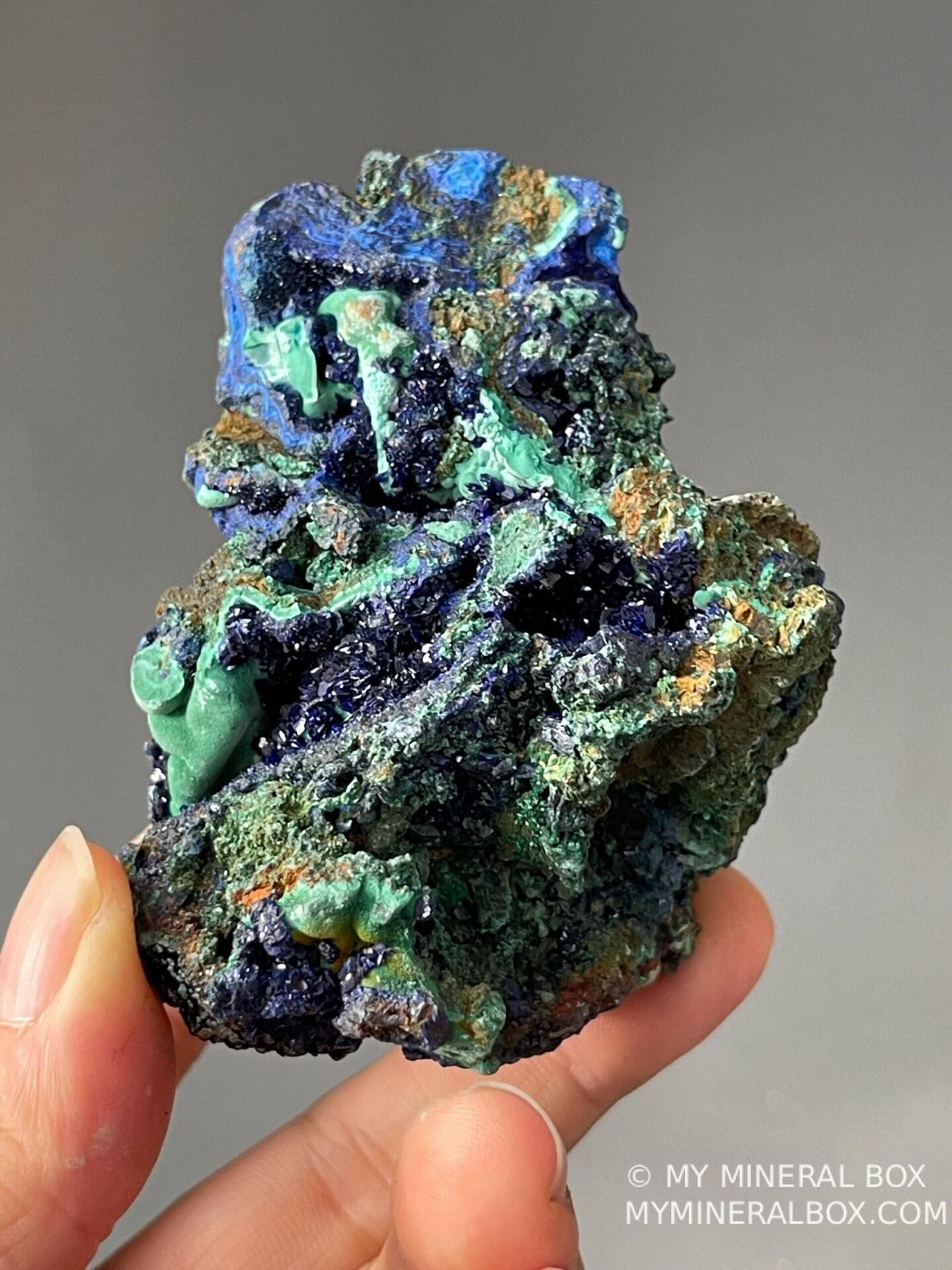 Close-up of blue azurite crystals with green malachite