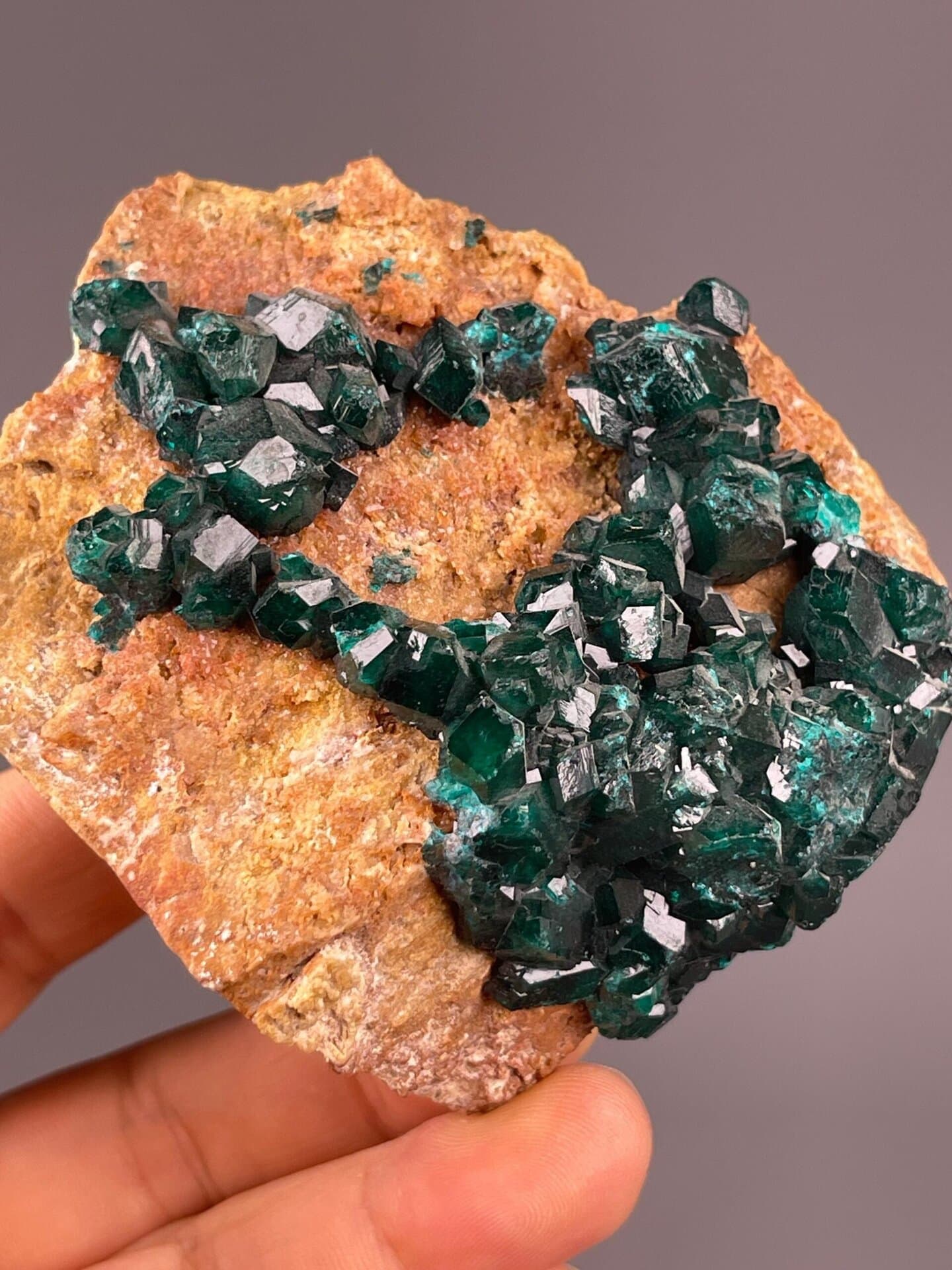 Dense green dioptase crystals on host rock matrix