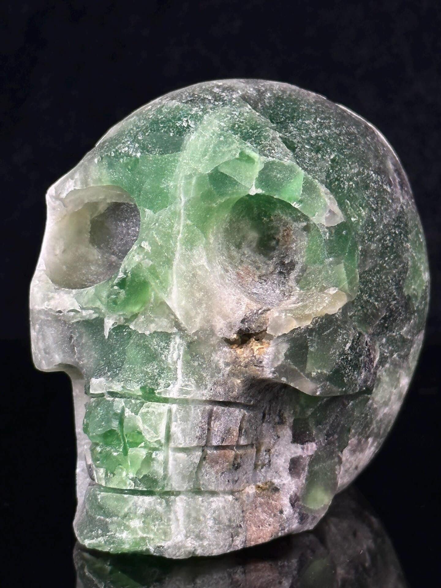 Green fluorite mineral art skull with inner geode hollow