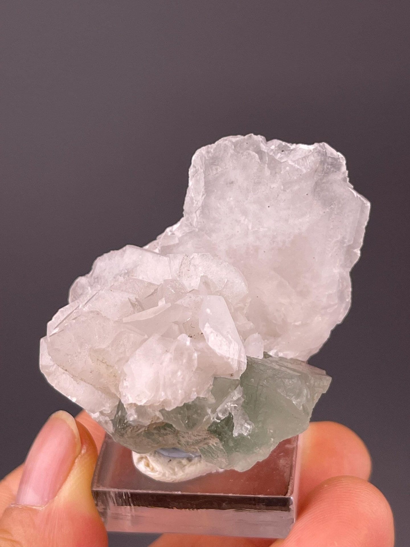 Green fluorite with calcite association, collector specimen