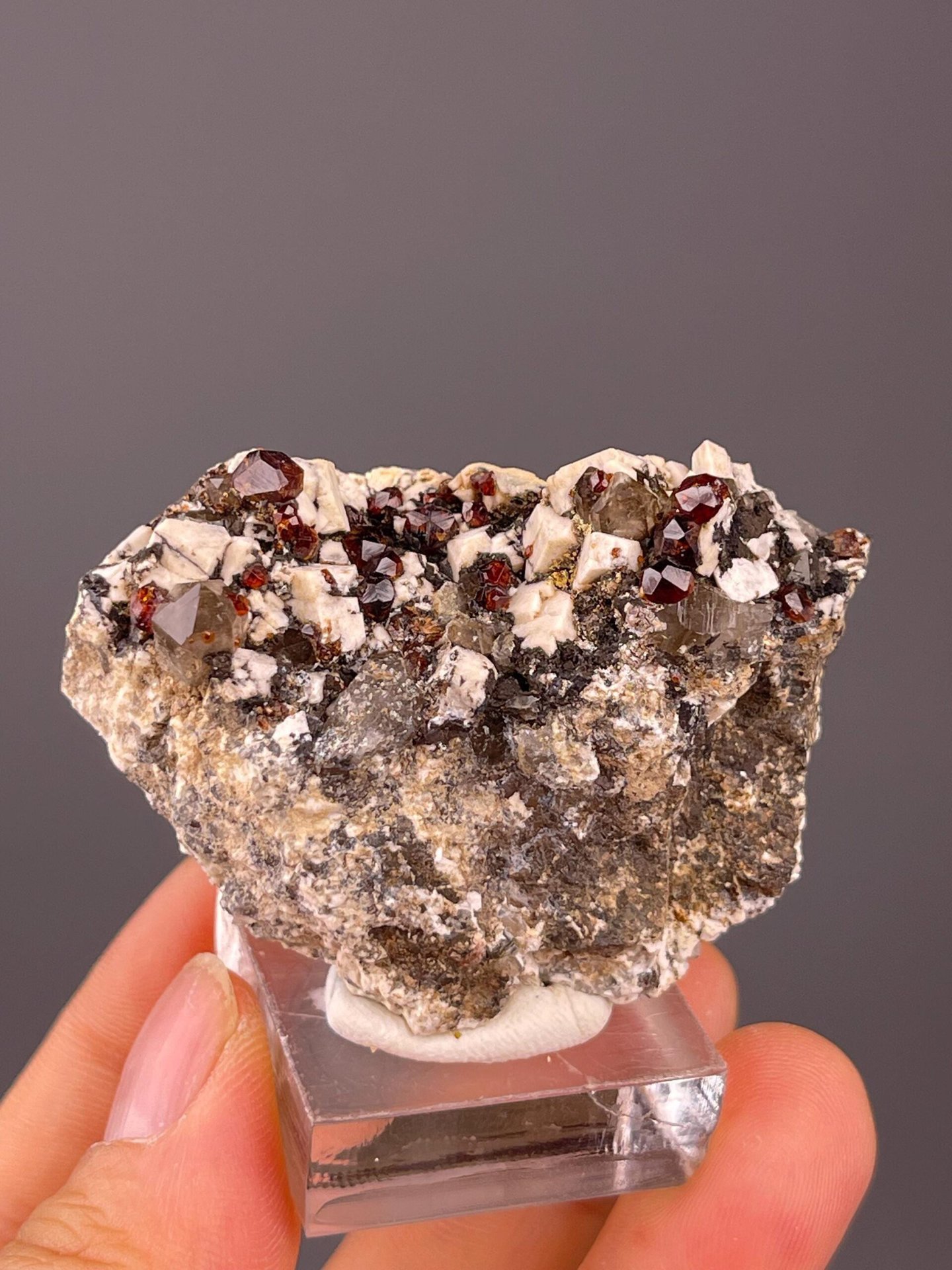Vibrant red garnet crystals on white feldspar with smoky quartz