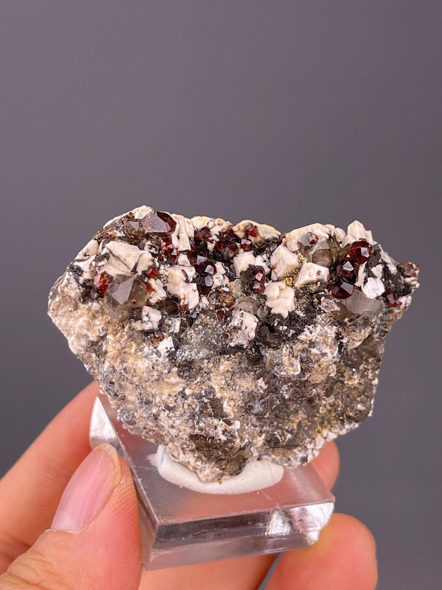 Multi-mineral specimen with garnet, feldspar, and smoky quartz
