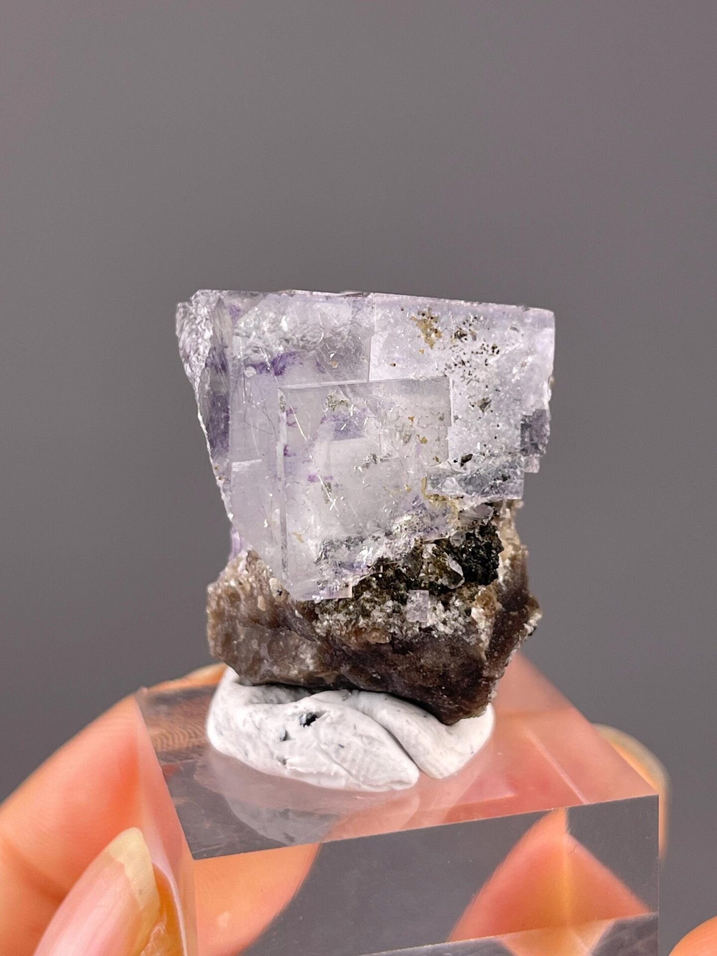Close-up of phantom growth zones in fluorite crystal