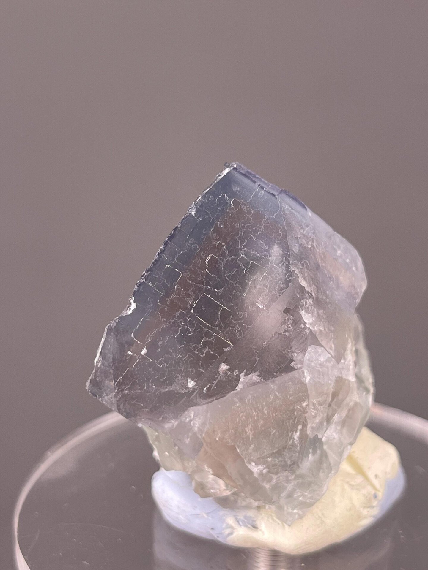 Top view of purple-blue etched fluorite cube