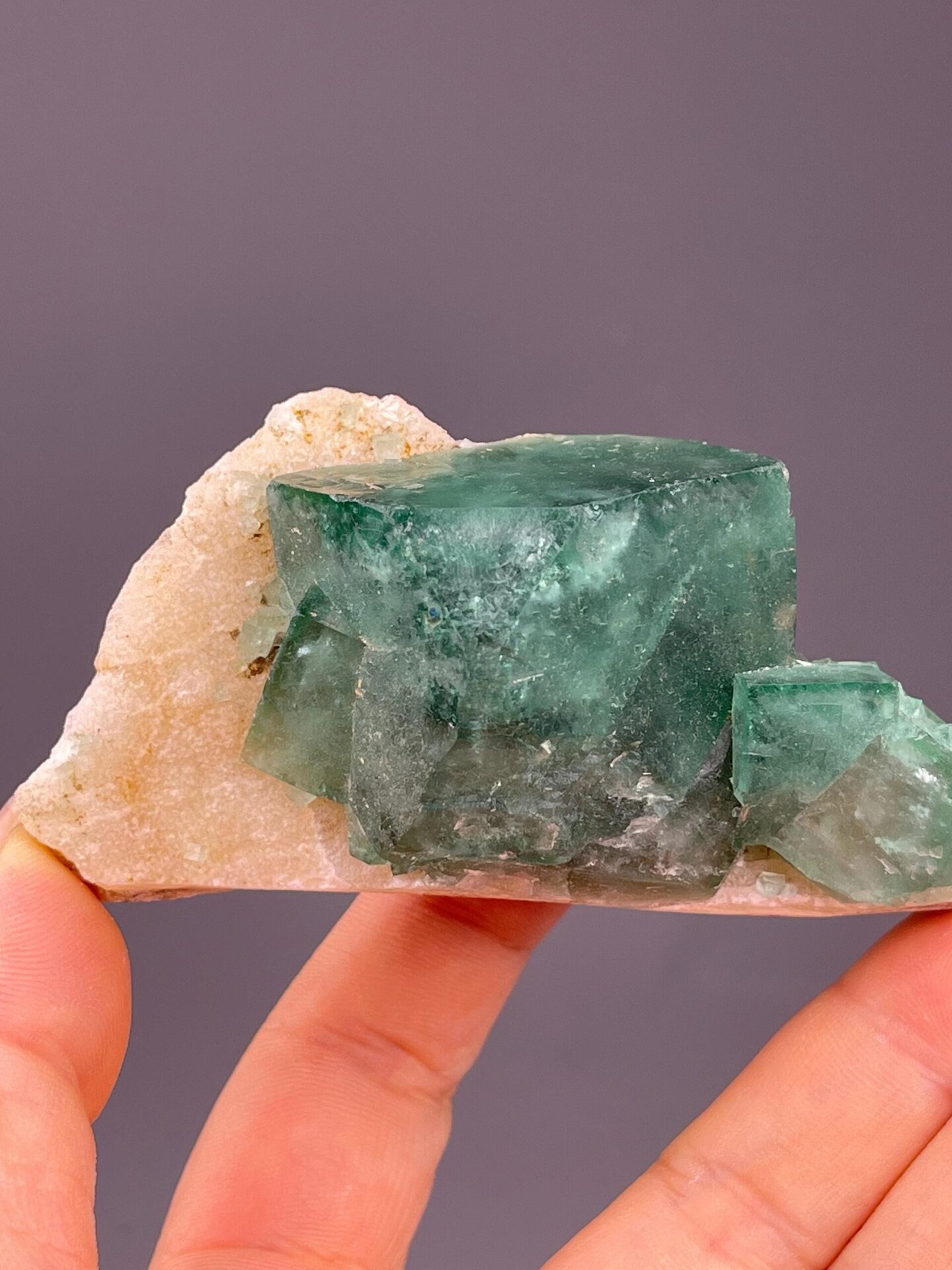 Daylight-reactive green fluorite crystal close-up