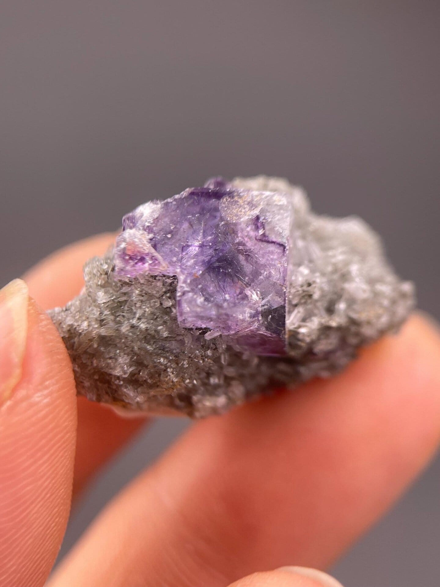 Angled view of four-piece purple fluorite crystal set