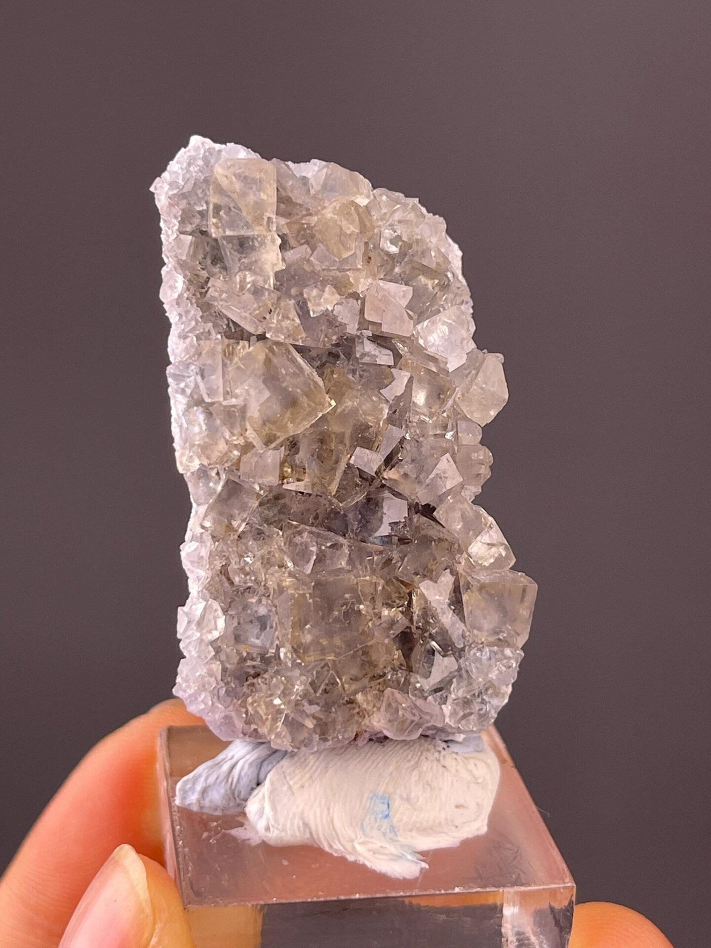 Top view of yellow fluorite cubic crystal cluster