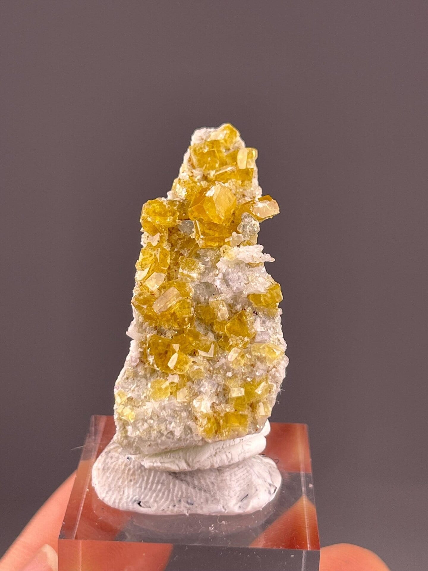 Top view of yellow fluorite cubic crystal cluster