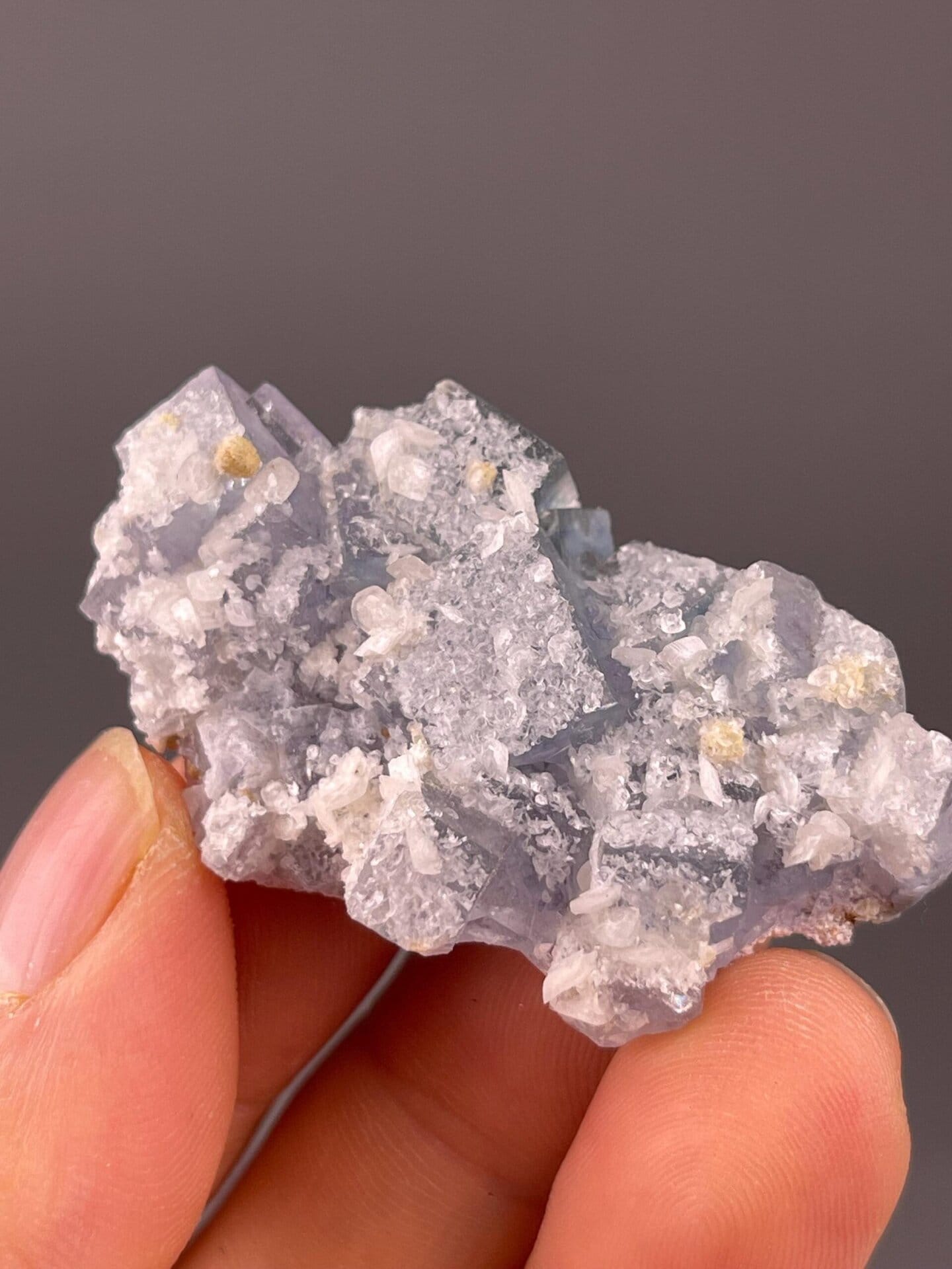 Top view of blue fluorite cubic crystal on calcite