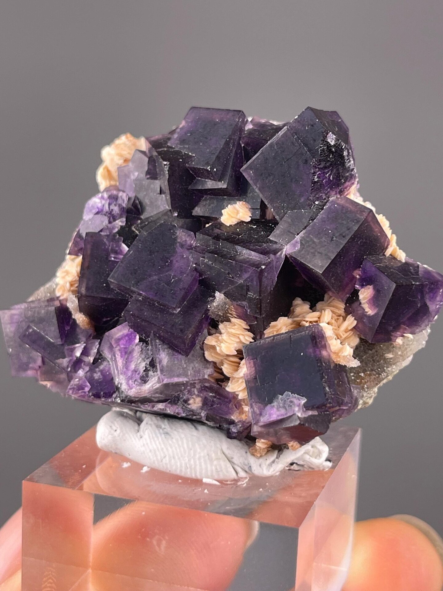 White calcite matrix with purple fluorite crystals