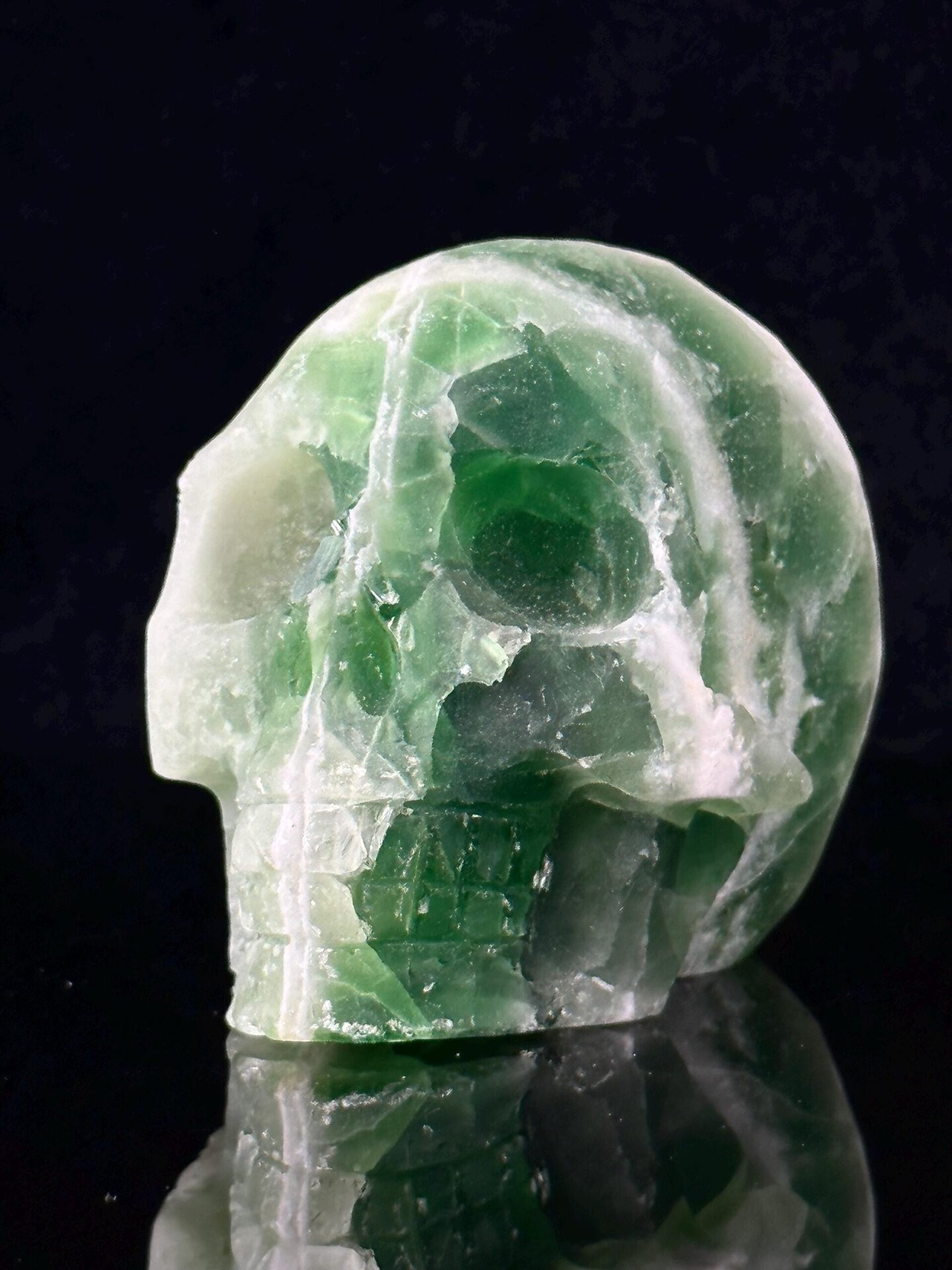Close-up of geode cavity inside fluorite skull
