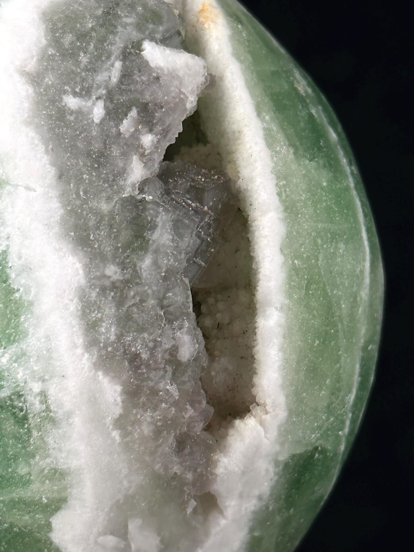 Angled view of fluorite skull geode cavity detail