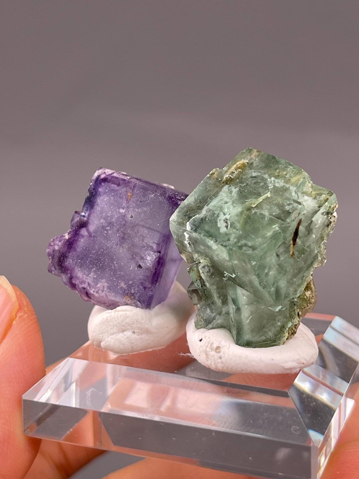 Two fluorite specimens side by side comparison